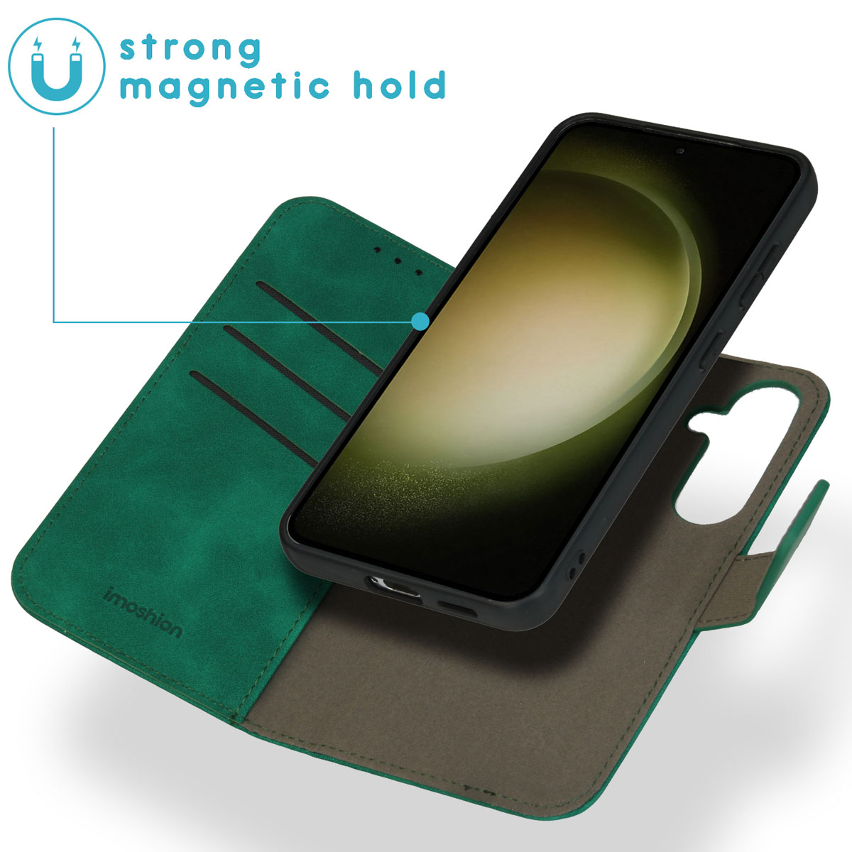 Une coque de téléphone verte avec un téléphone à l'intérieur, ouverte comme un portefeuille.
