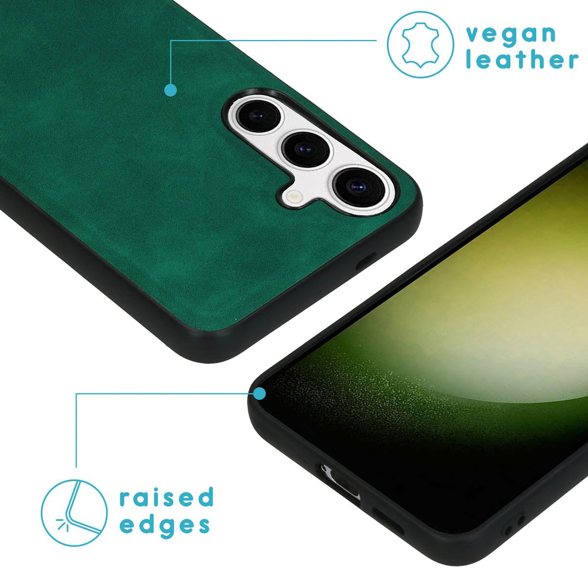 Coque de téléphone avec dos en cuir végétal vert et bords noirs. Le texte indique des bords surélevés.
