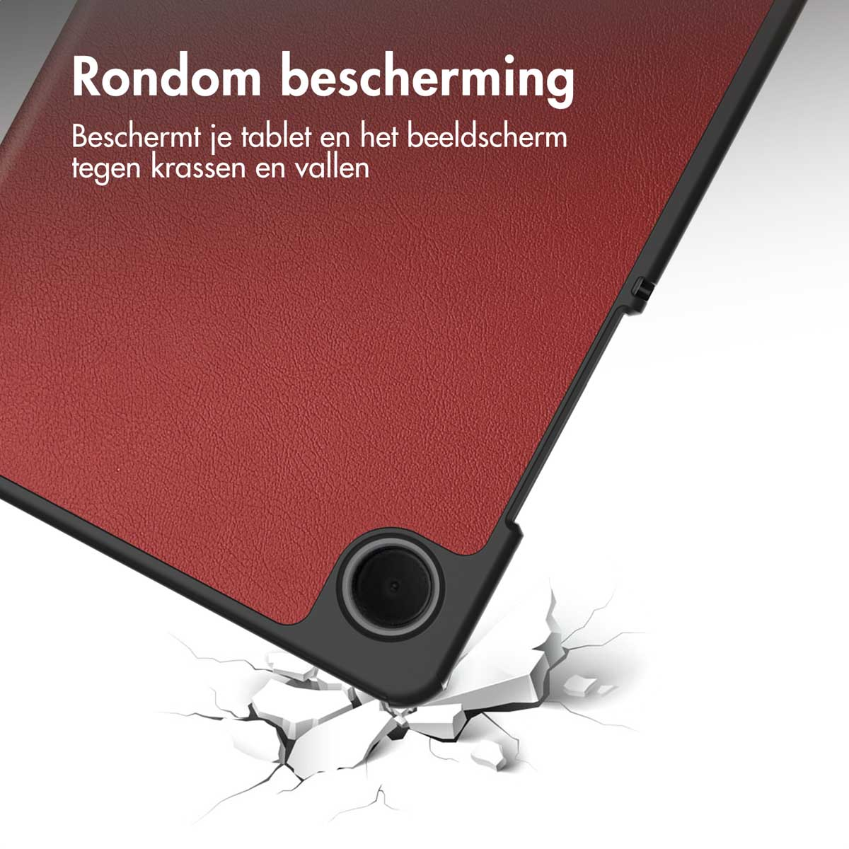Eine Tablethülle mit rotem Innenraum, mit weißem Hintergrund und Riss-Effekt.