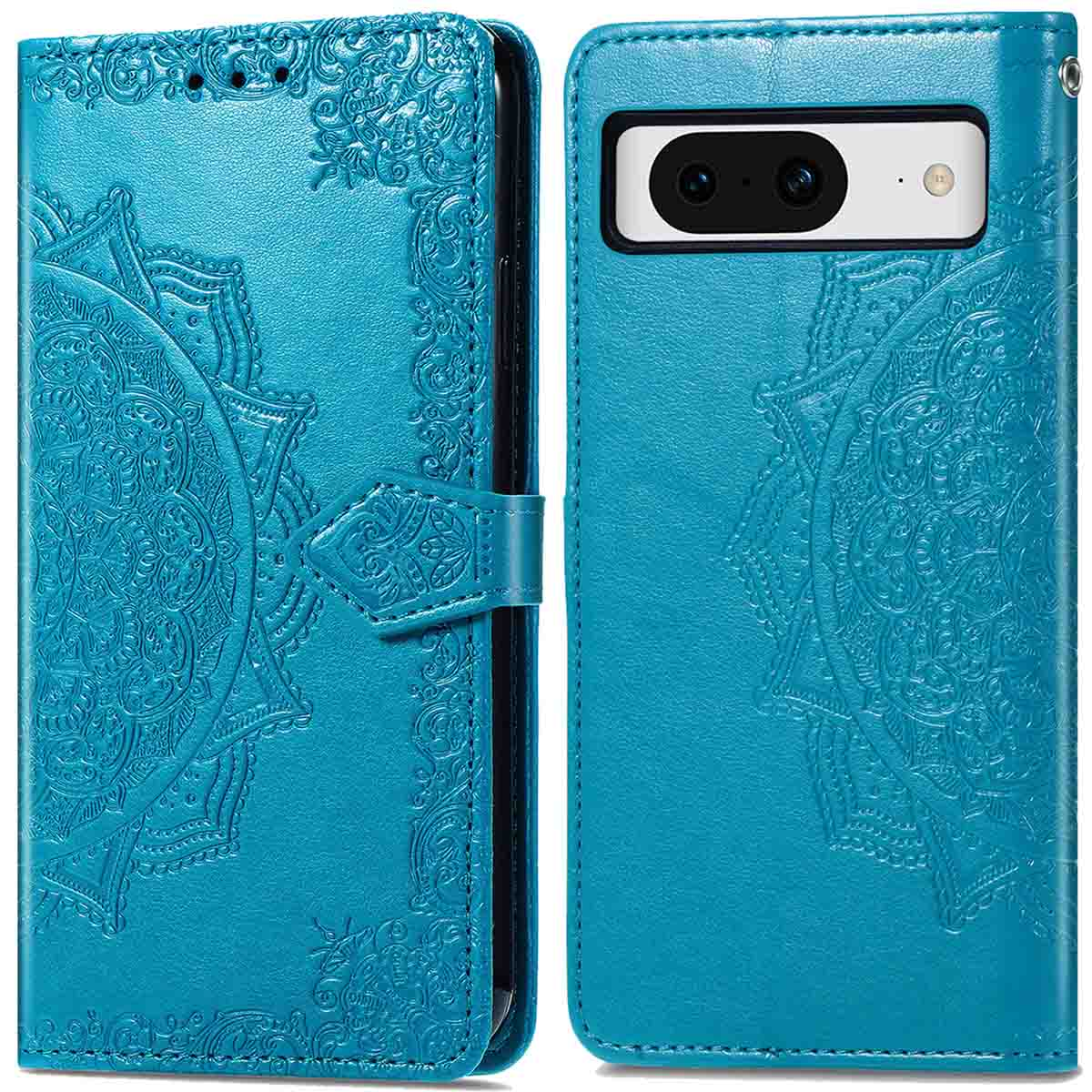 Blauwe telefoonhoes met mandala-ontwerp, open en dicht.