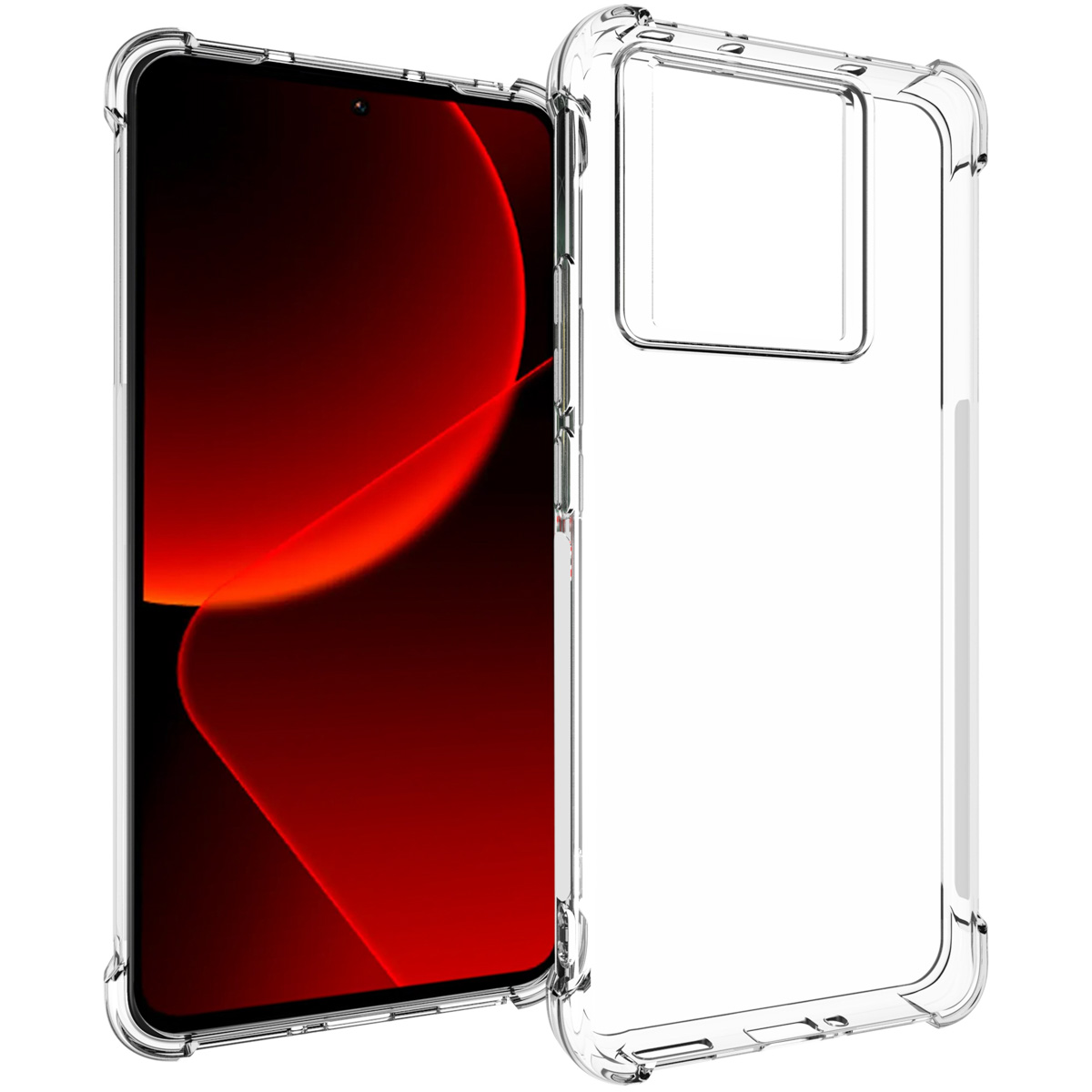 Transparante telefoonhoes met een rood scherm. De hoes is doorzichtig.