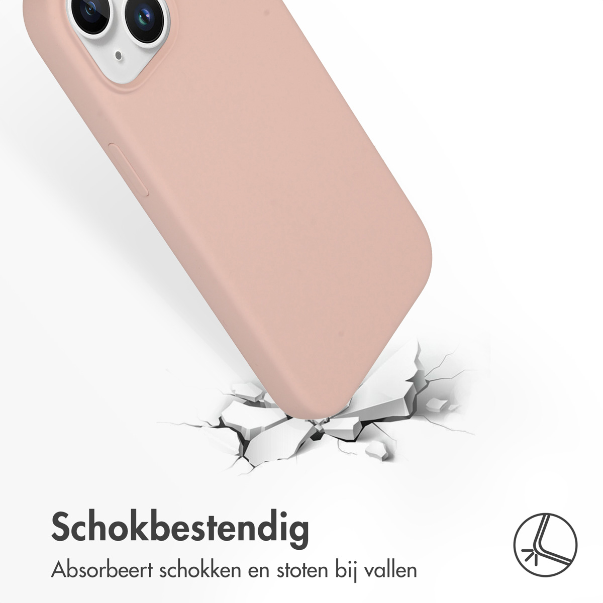 Een roze telefoonhoes die een oppervlak raakt en een barst veroorzaakt, schokbestendig.