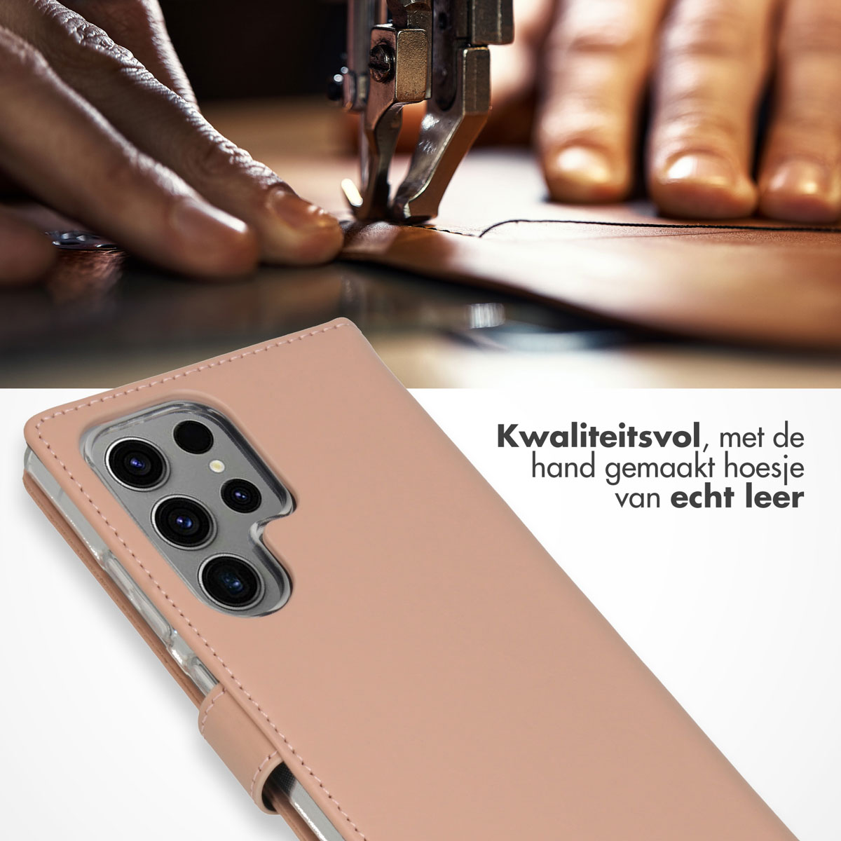Hände nähen Leder mit einer Nähmaschine. Im Vordergrund befindet sich eine rosa Handyhülle.
