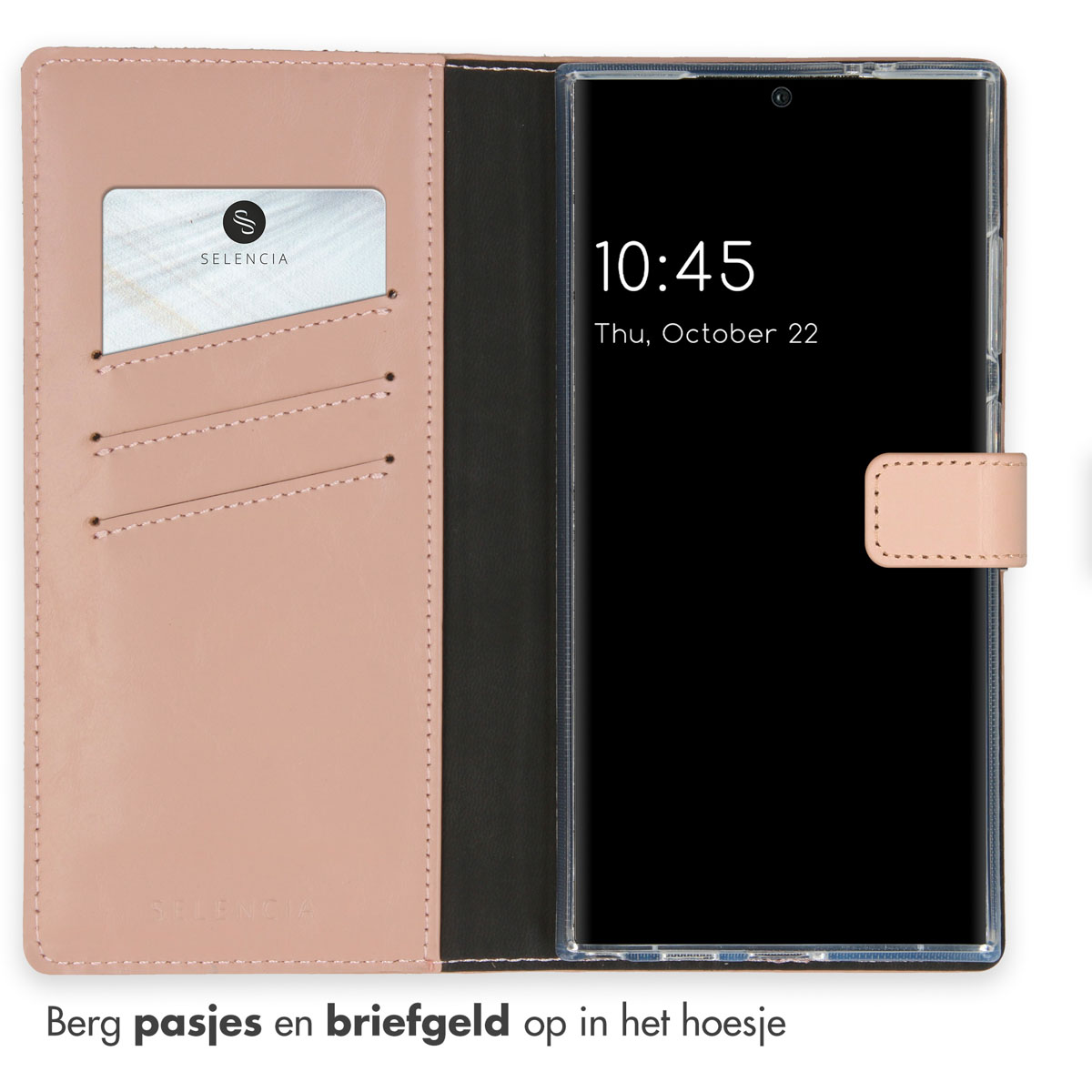 Geöffnete rosa Handyhülle. In der Handyhülle befinden sich ein Telefon und Kartenfächer.