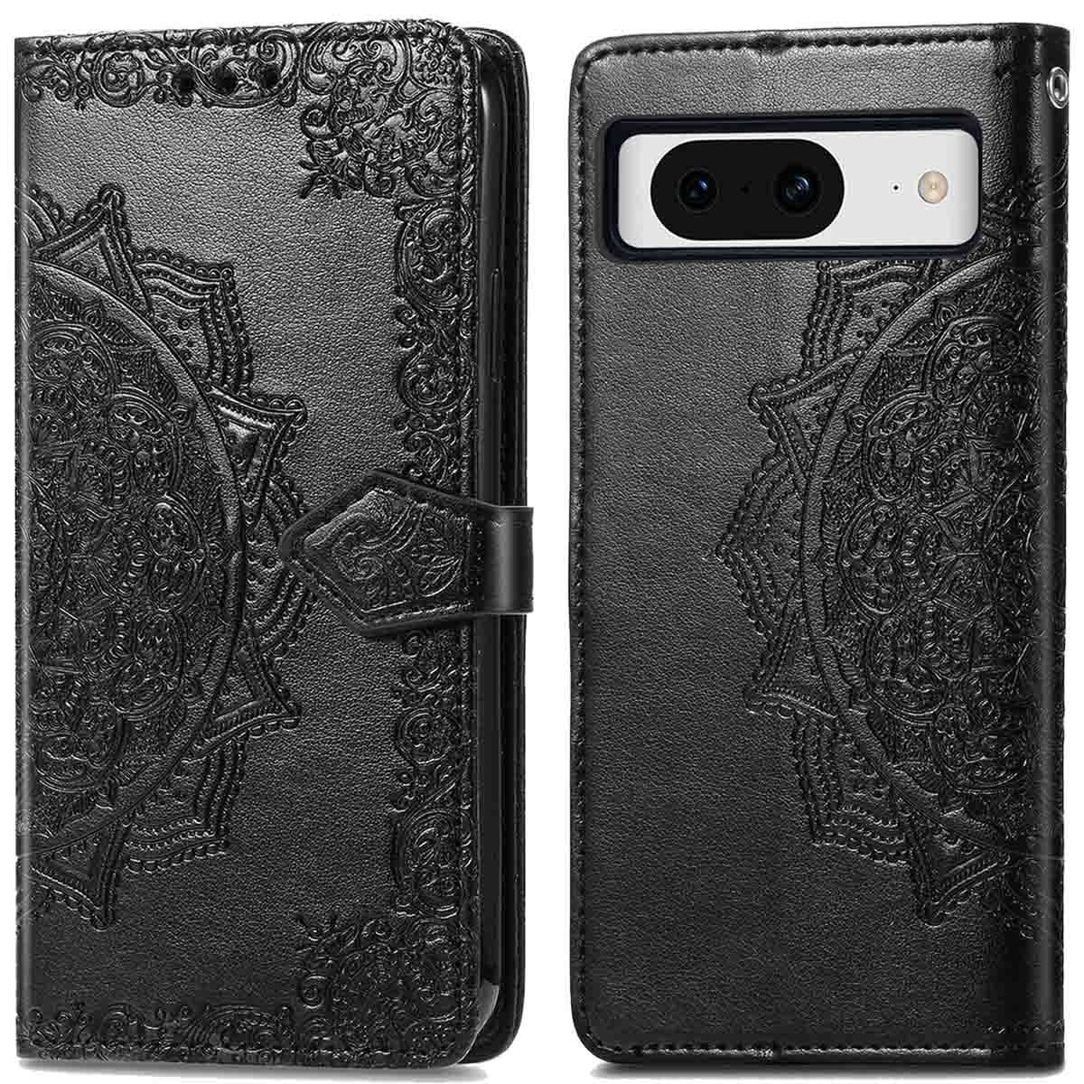 Zwarte telefoonhoes met mandala-ontwerp, open om de telefoon te onthullen. Met een sluiting.