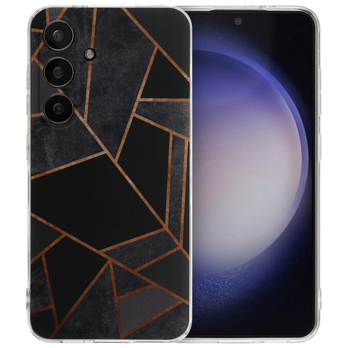 Zwarte telefoonhoes met geometrisch ontwerp, telefoon erin.