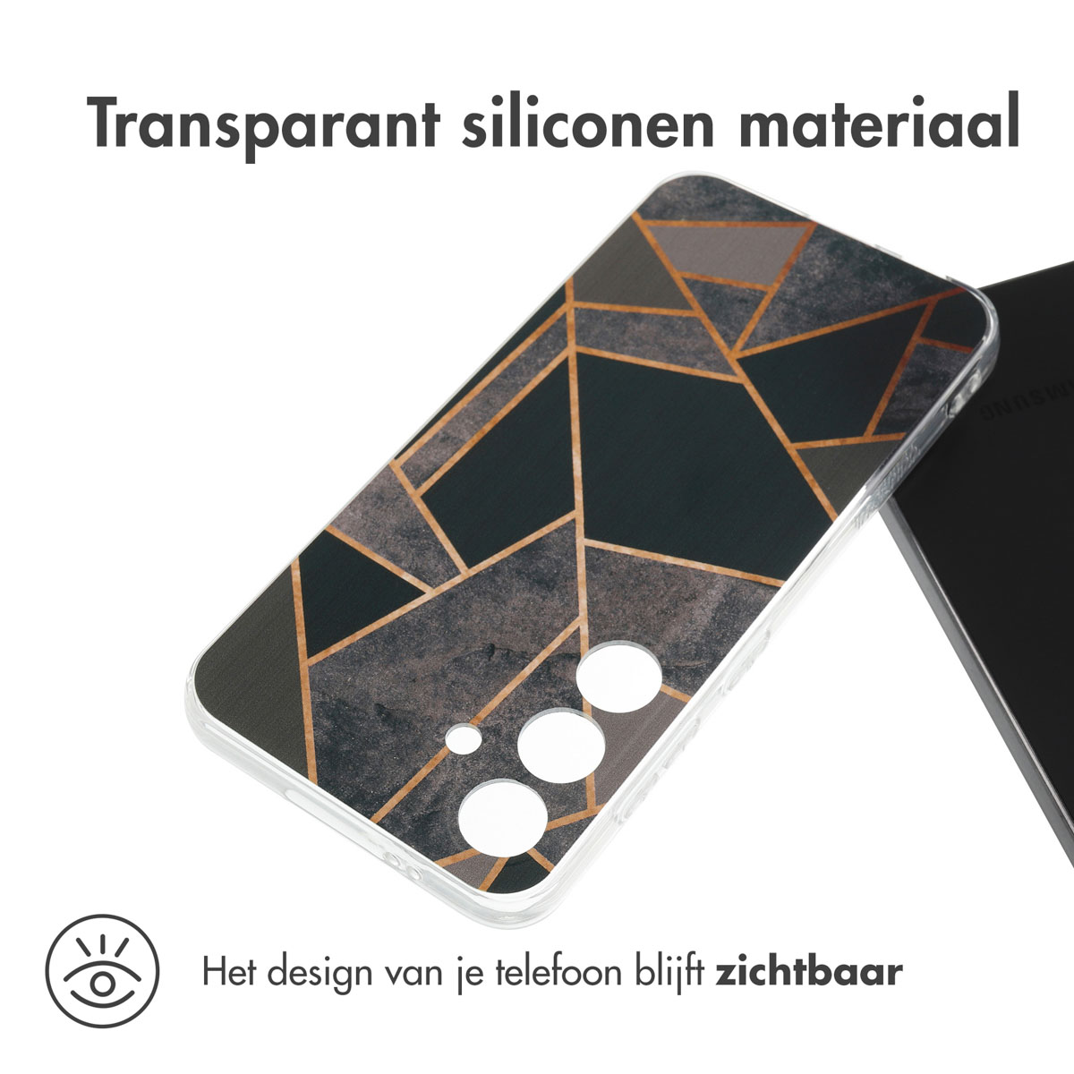 Telefoonhoesje met een geometrisch design. De hoes is transparant en heeft een zwart en goud design.