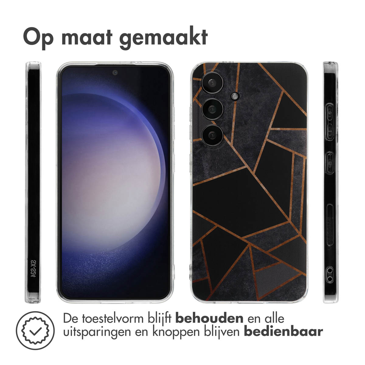 Drie aanzichten van een telefoon met een zwart-gouden geometrische hoes.