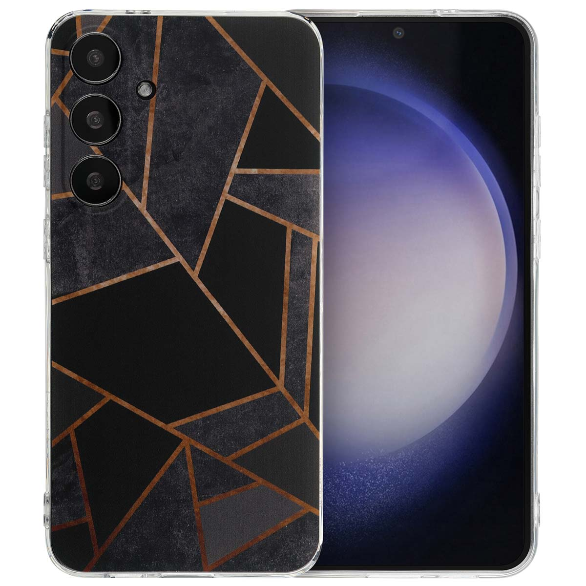 Coque de téléphone avec un design géométrique noir et doré. Téléphone à droite. Noir, doré et gris.