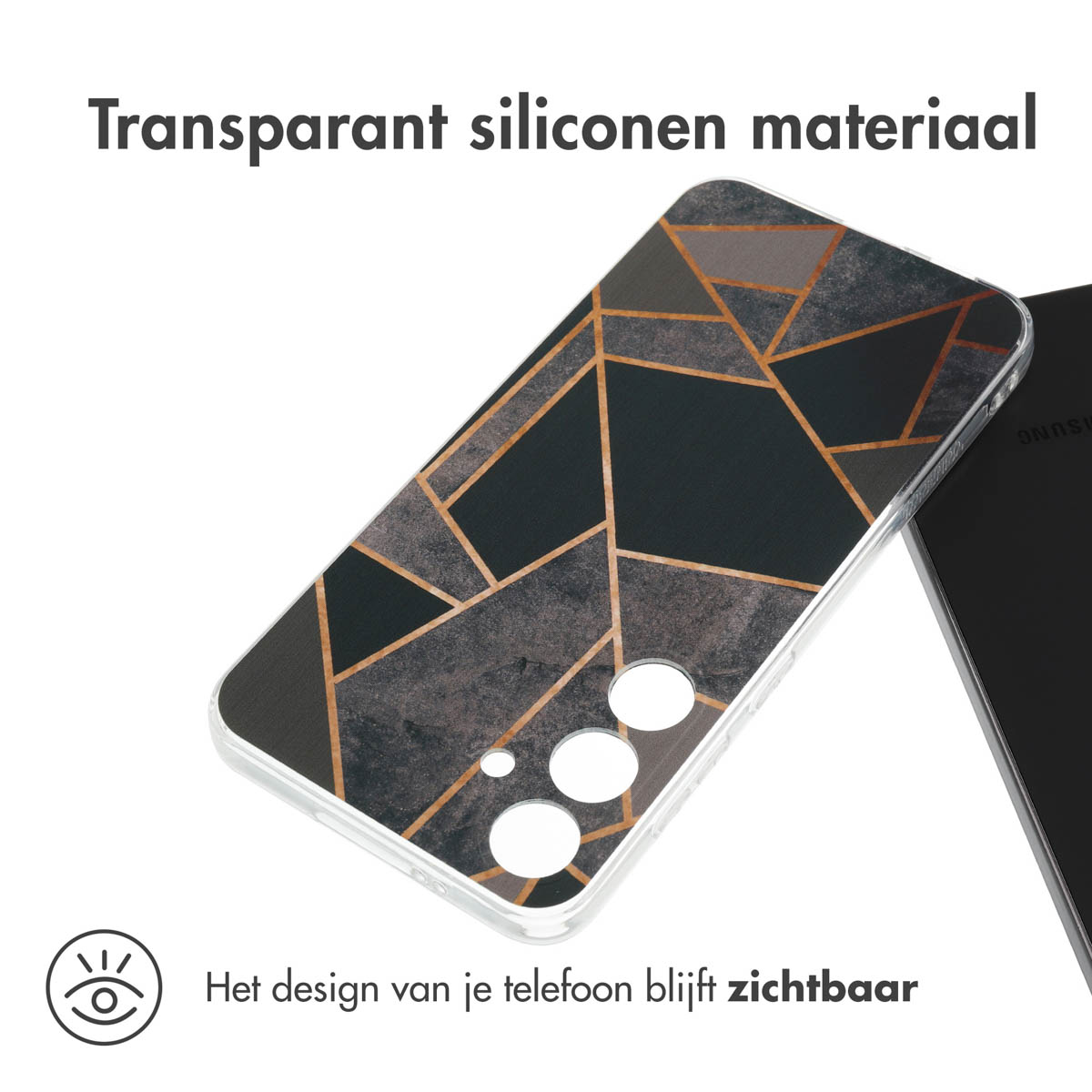 Coque de téléphone transparente avec un design géométrique en marbre et doré. Le téléphone est noir.