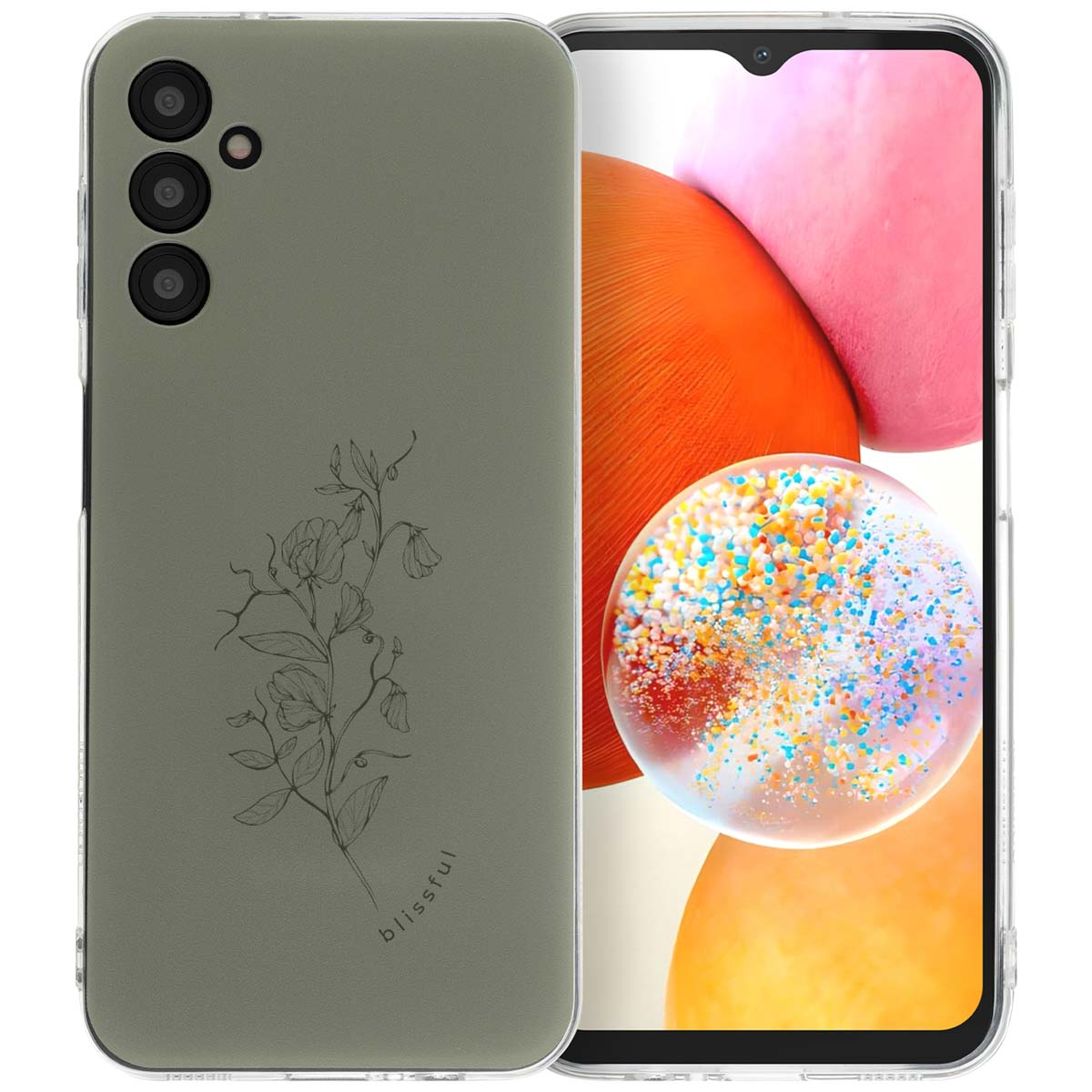 Groene telefoonhoes met bloemenontwerp. Telefoon zit in de hoes.