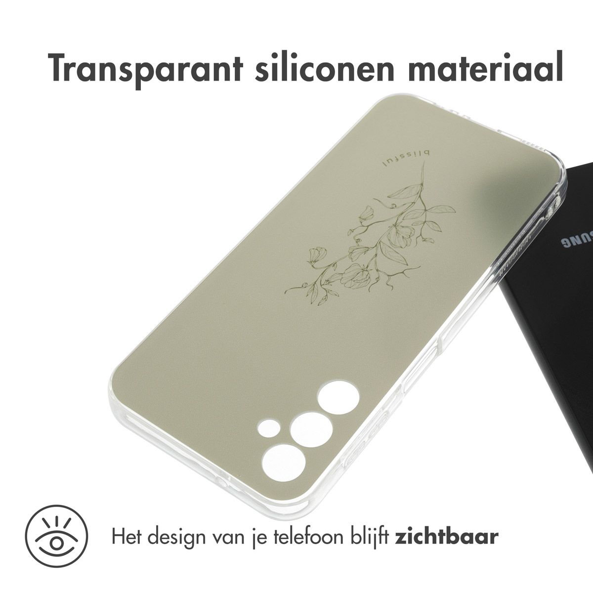 Transparante siliconen hoes met bloemenontwerp, telefoondesign zichtbaar. Olijfgroene achtergrond.