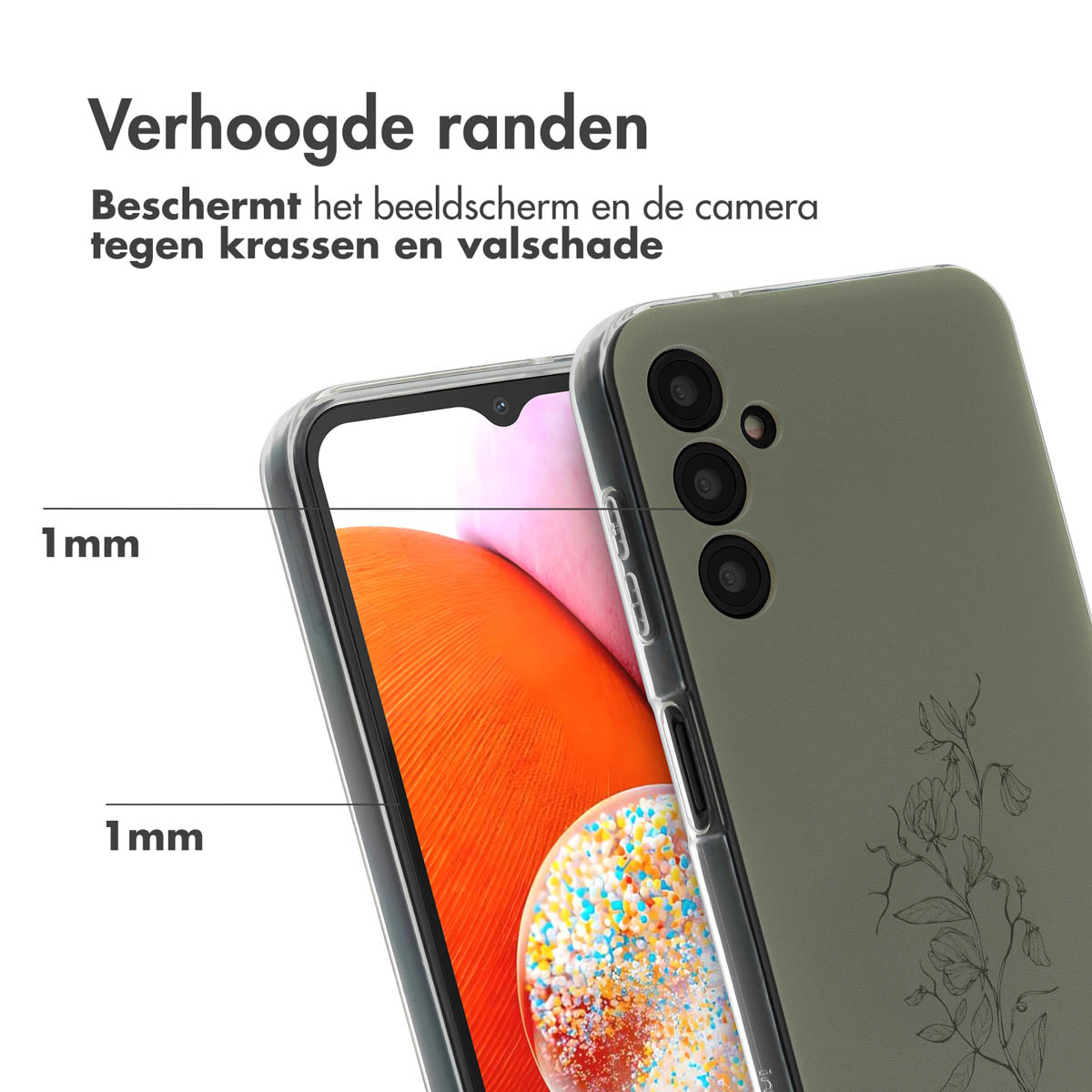 Telefoonhoesje met een bloemenpatroon. 1 mm verhoogde randen beschermen het scherm en de camera.