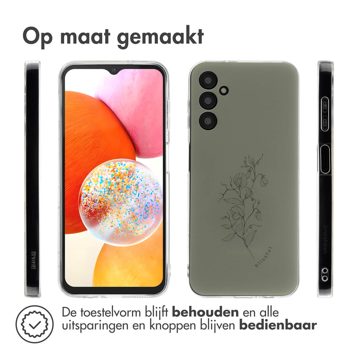 Transparante telefoonhoes met een bloemenpatroon. Drie hoeken van de telefoonhoes worden getoond.