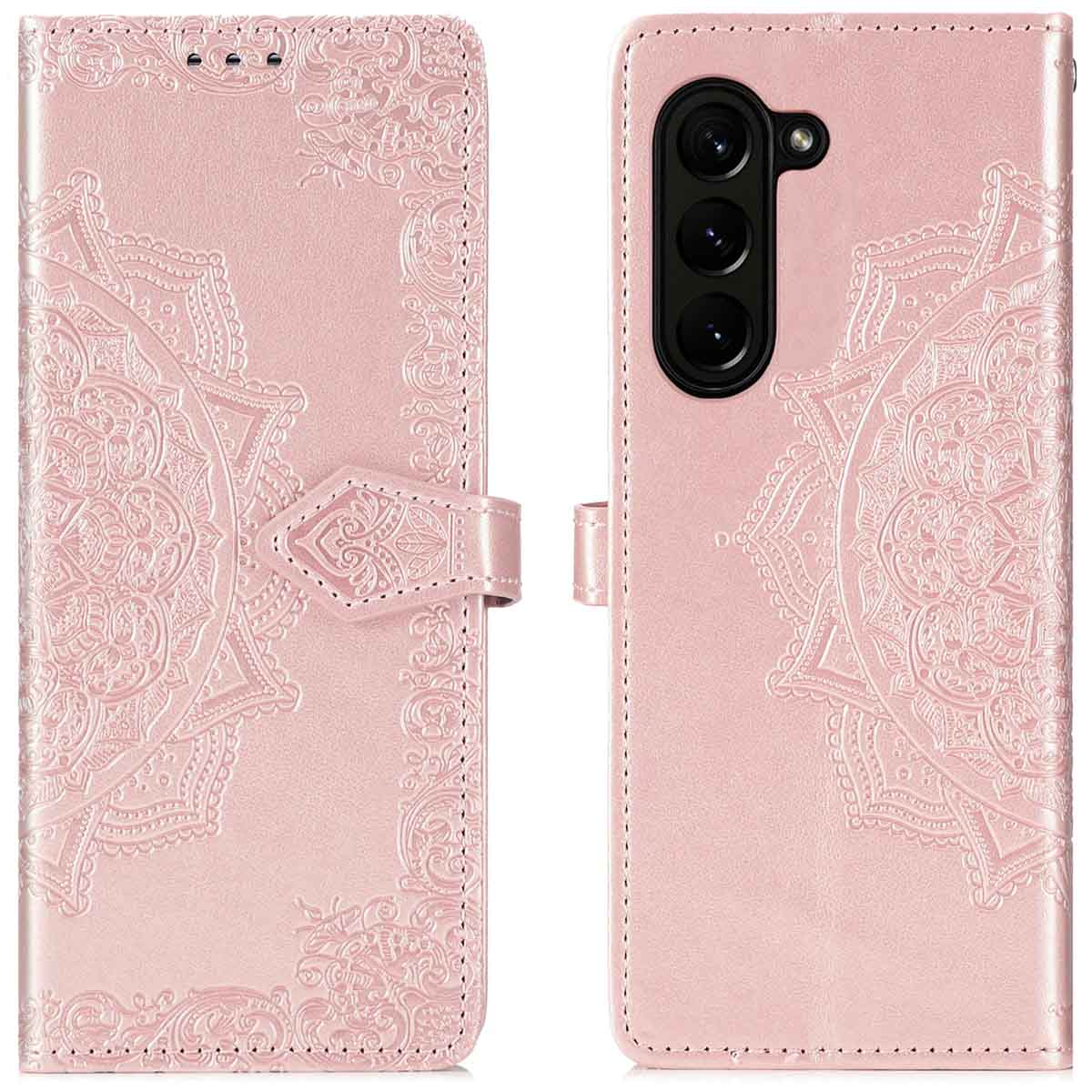 Étui de téléphone rose avec un design floral et mandala. L'étui est ouvert.