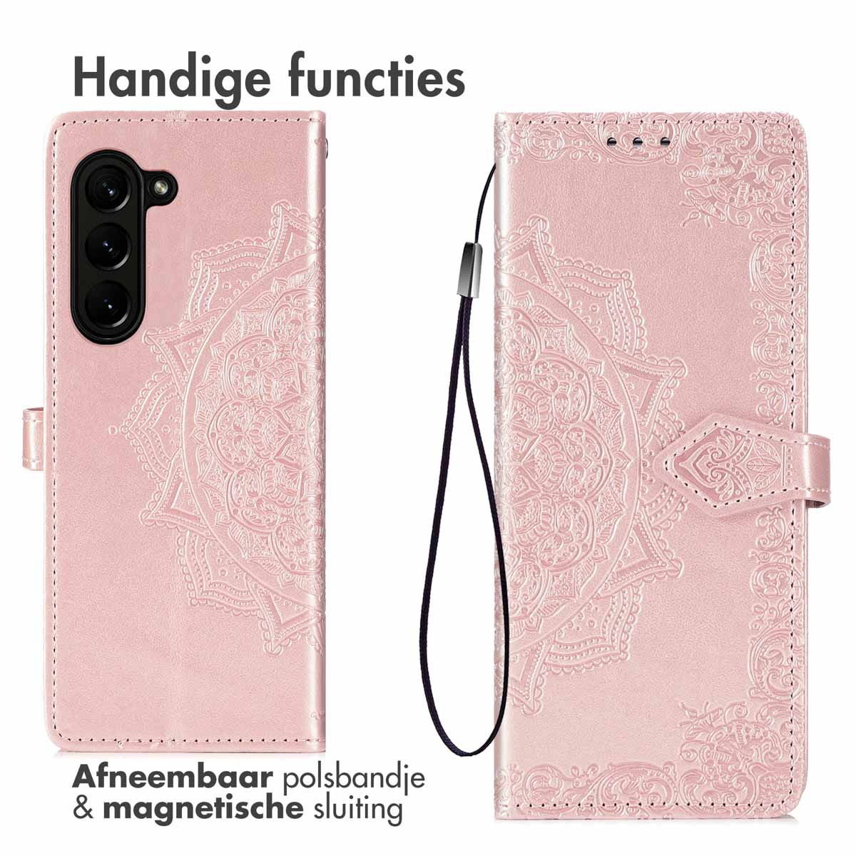 Coque de téléphone rose ouverte, montrant un téléphone. Avec dragonne et fermoir magnétique.