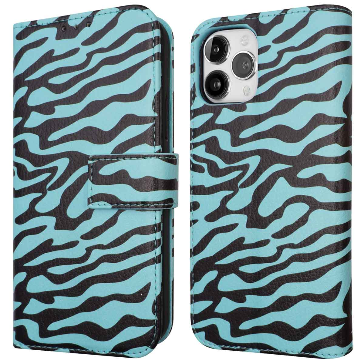 Telefoonhoesje met een blauw-zwart zebraprint ontwerp. Het telefoonhoesje is opengeklapt.
