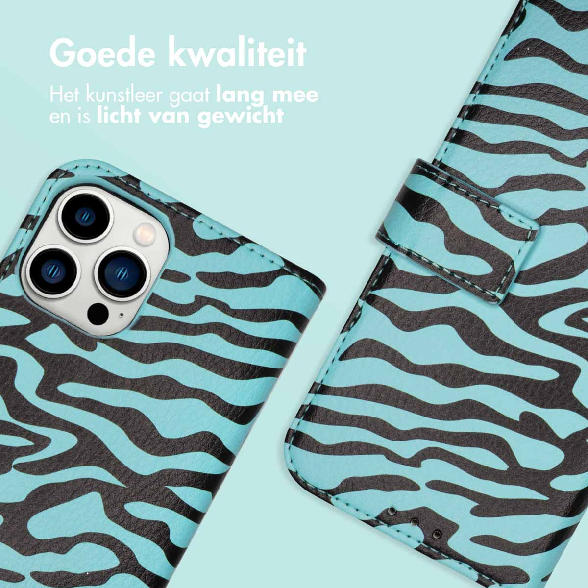Telefoonhoesje met een blauw en zwart zebrapatroon.