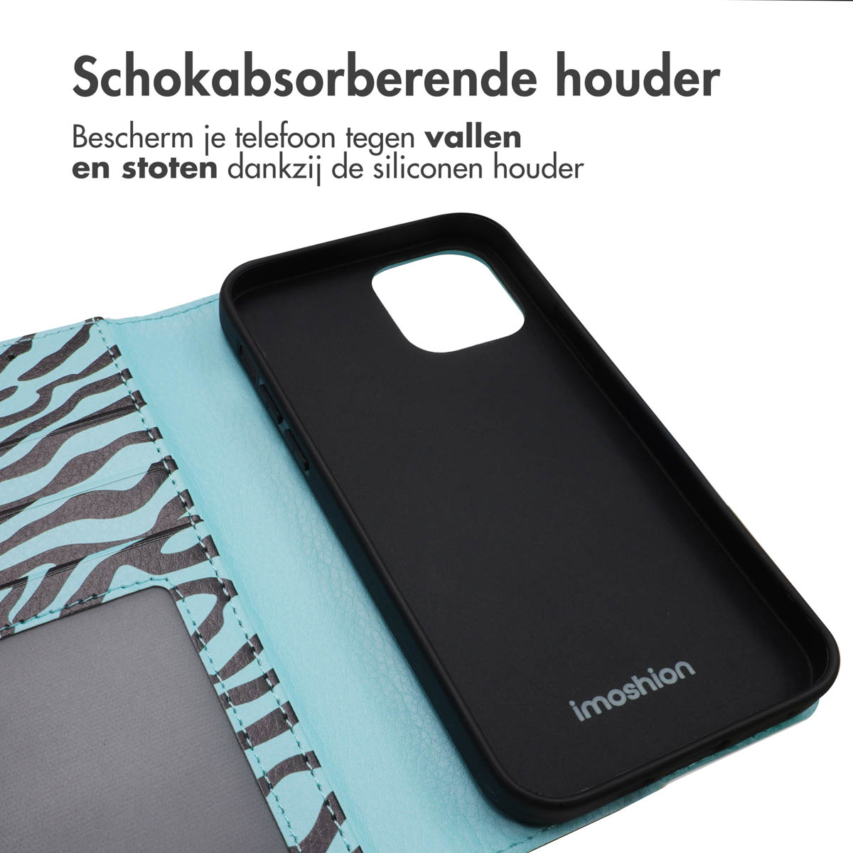 Telefoonhoes met zwart interieur en blauw zebra-ontwerp. Telefoon zit erin.