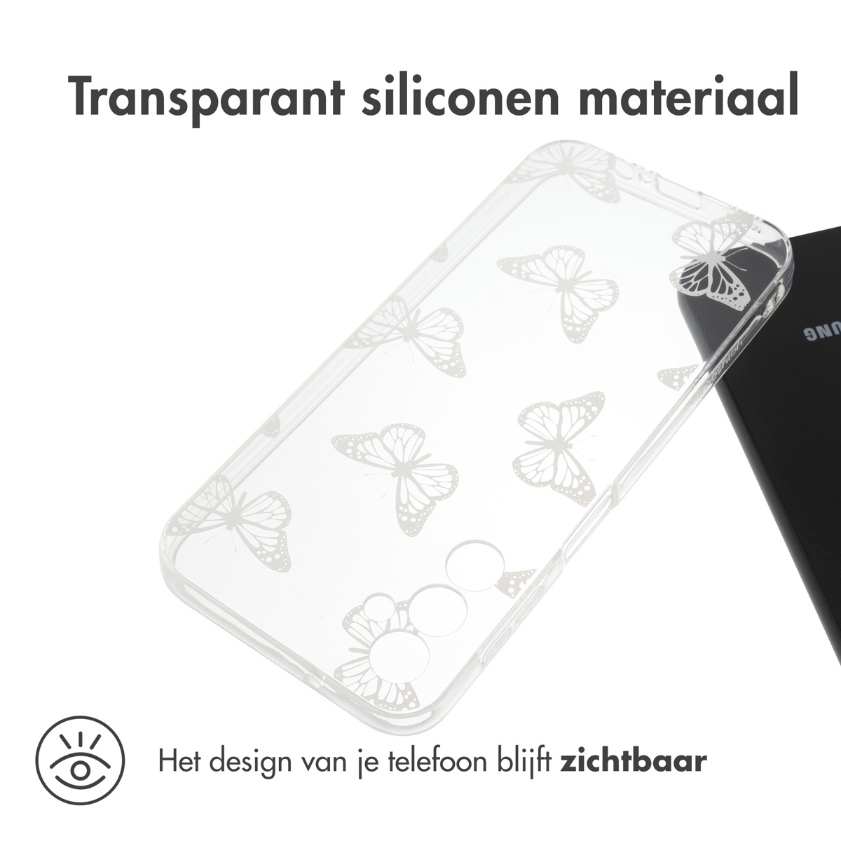 Transparante telefoonhoes met vlinderontwerp. Het wordt getoond naast een zwarte telefoon.
