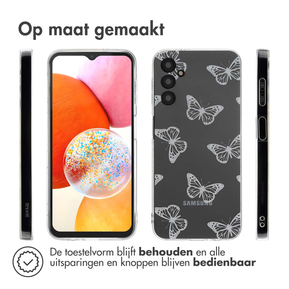 Een telefoon met een doorzichtig hoesje, met de zijkanten en achterkant zichtbaar. Tekst: 'Op maat gemaakt'.