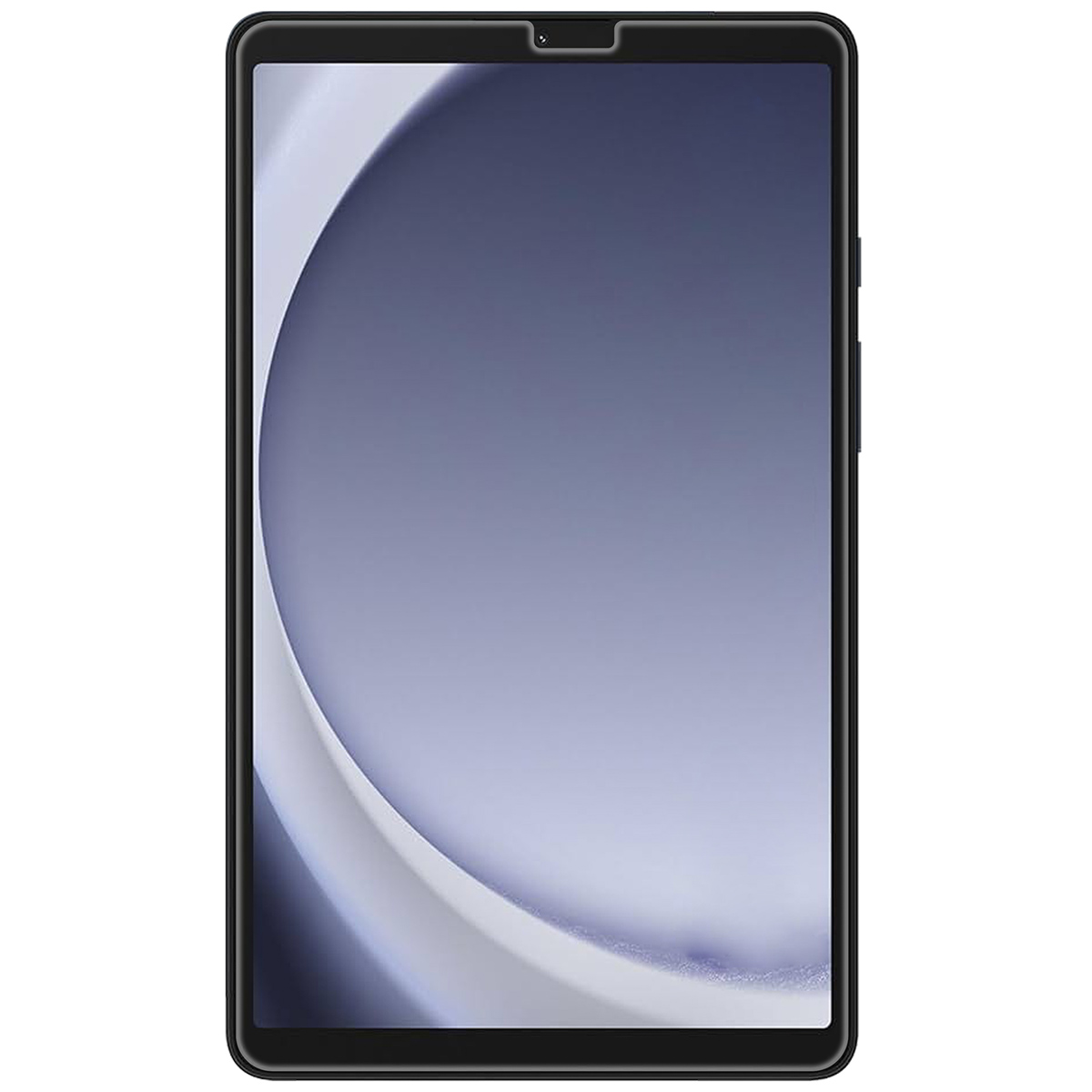 Tablet screen, black frame. The screen shows a gradient of dark and light gray tones.