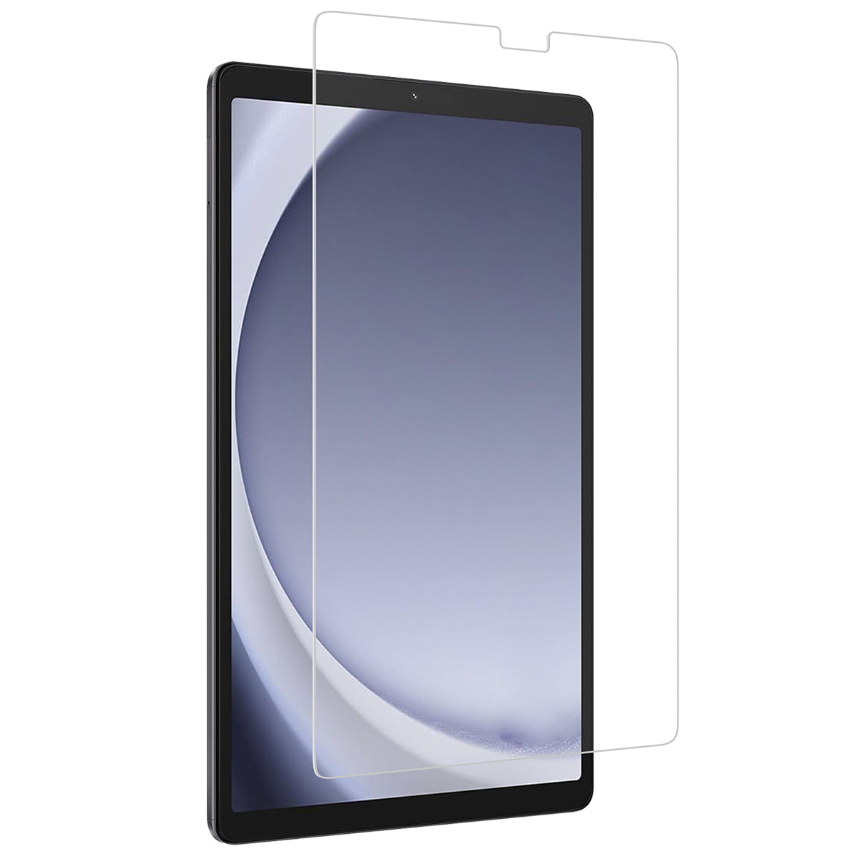 A tablet and a screen protector. The protector is transparent and ready to be applied.