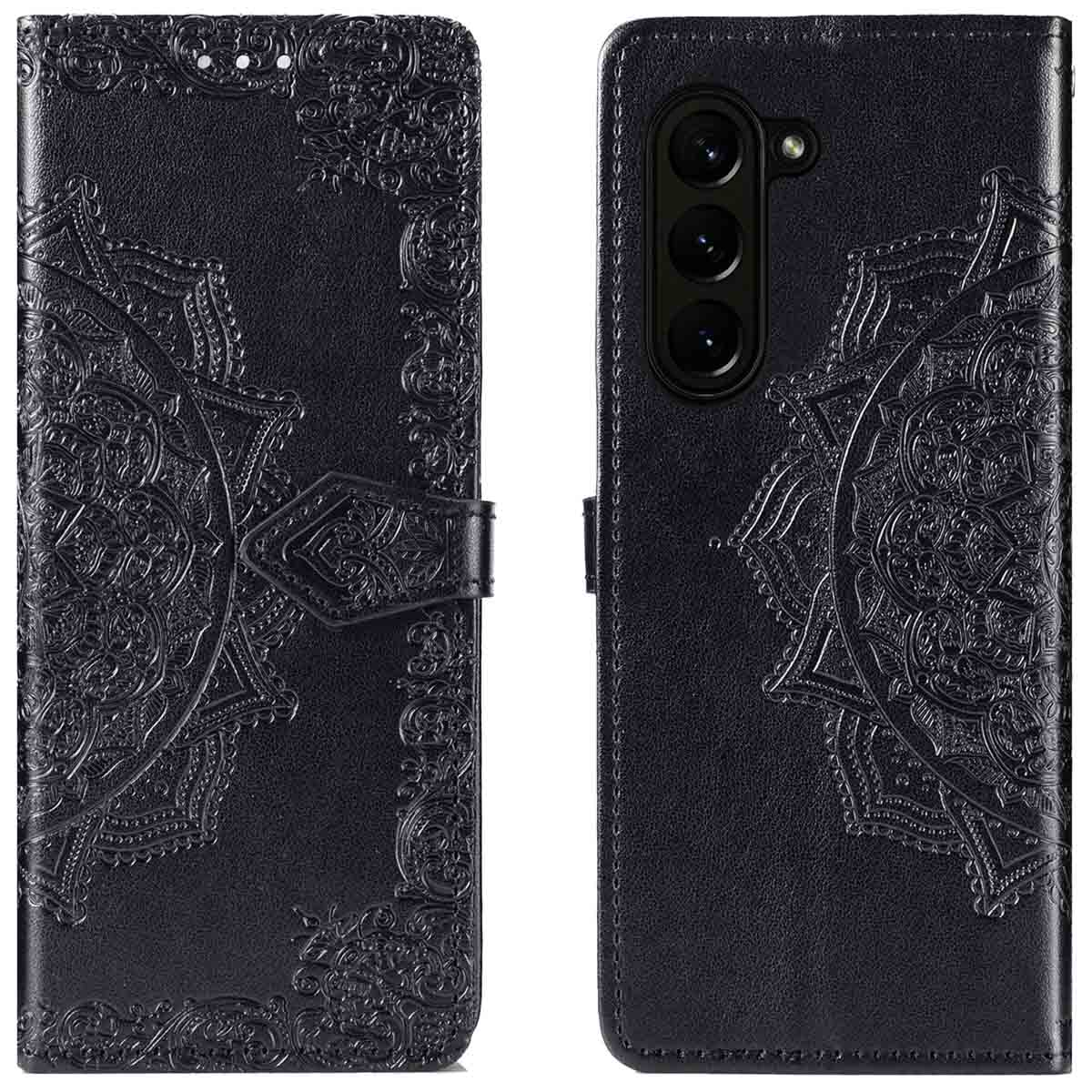 Une coque de téléphone noire avec un motif mandala. La coque est fermée.