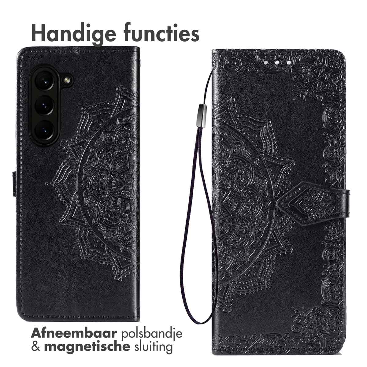 Coque de téléphone noire avec motif mandala. Avec dragonne amovible et fermeture magnétique.