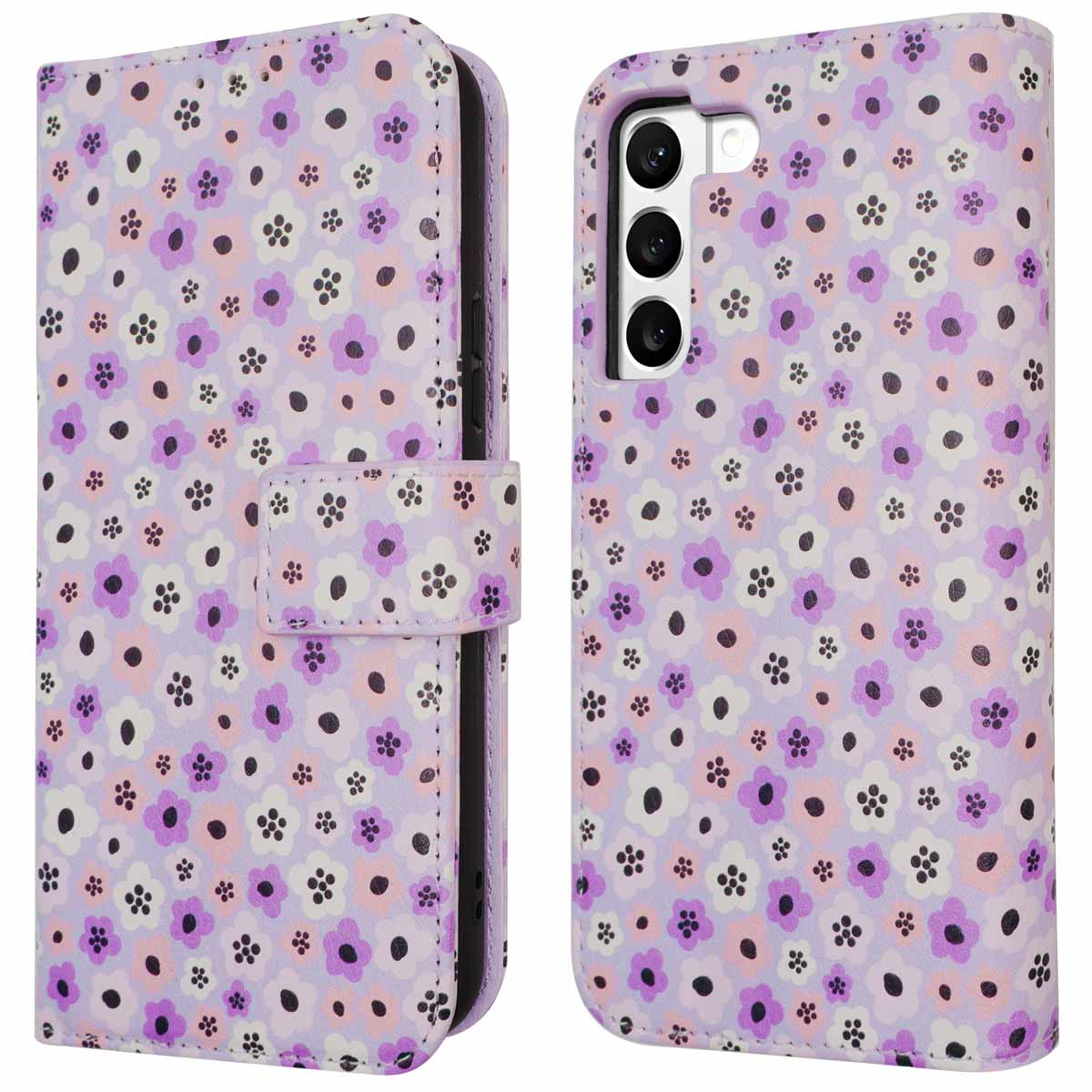Une coque de téléphone avec un motif floral, ouverte, avec le téléphone sur le côté droit.