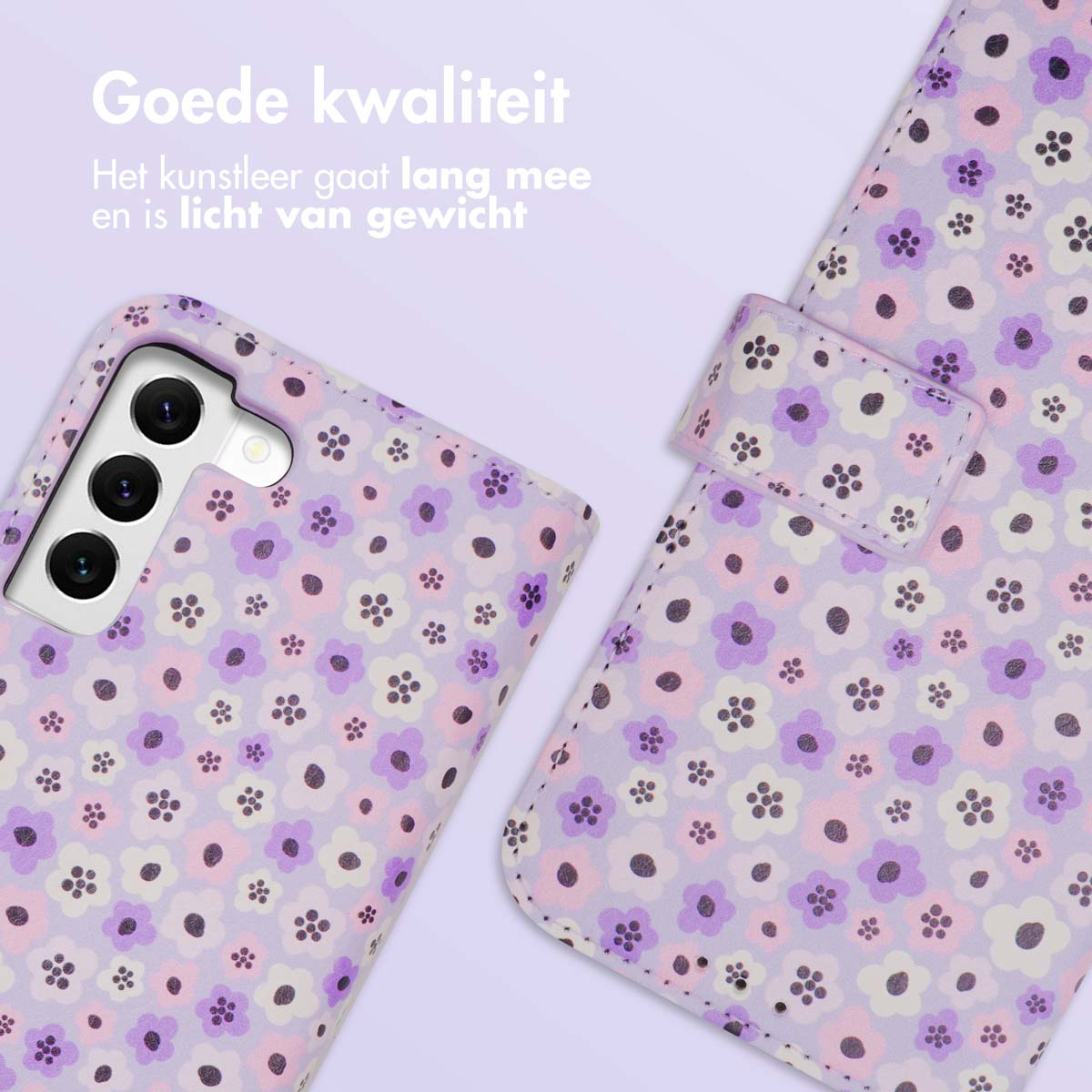 Étui de téléphone avec un motif floral, ouvert et fermé, sur fond violet clair.