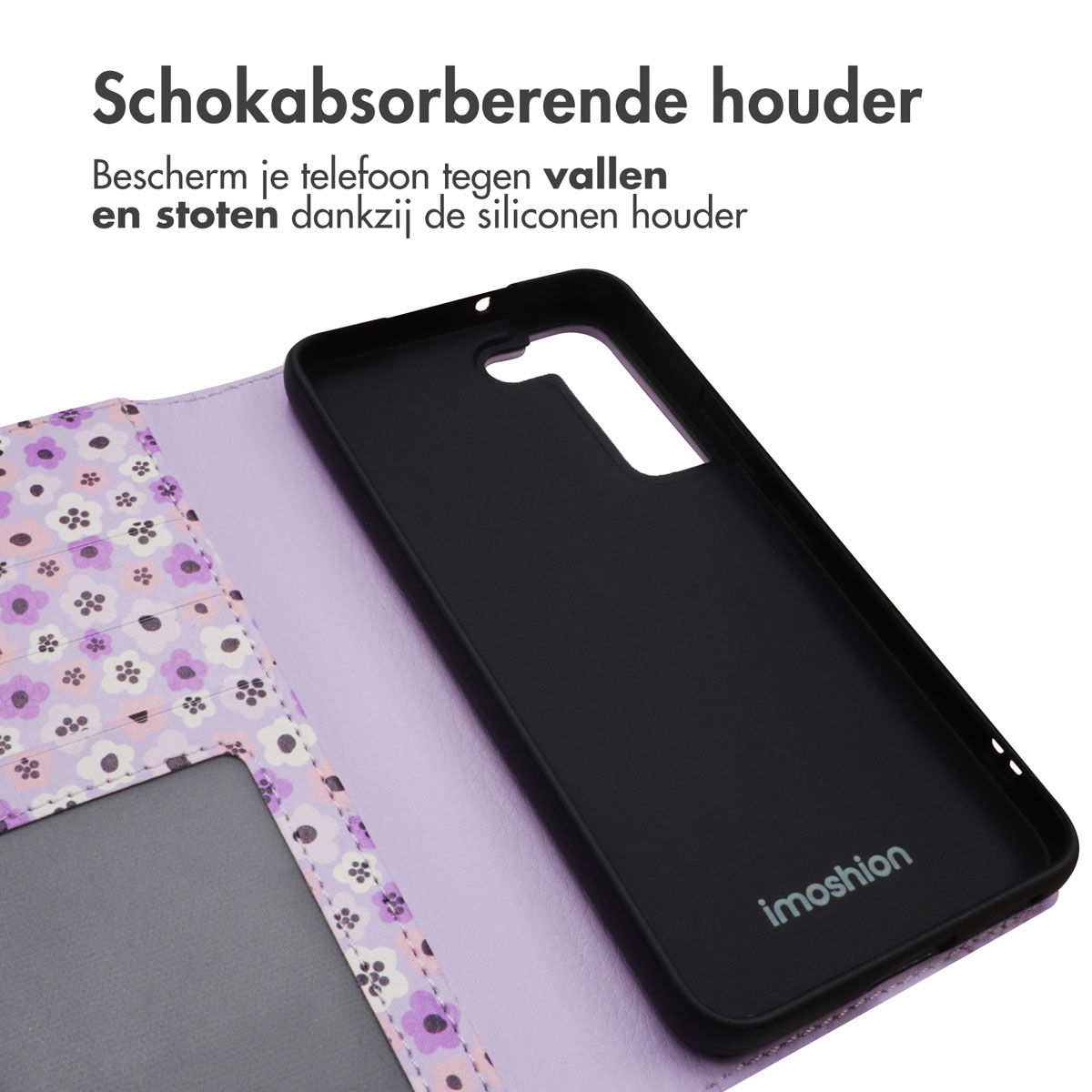 Étui de téléphone ouvert avec motif floral et un étui noir à l'intérieur. Couleurs rose et violet.