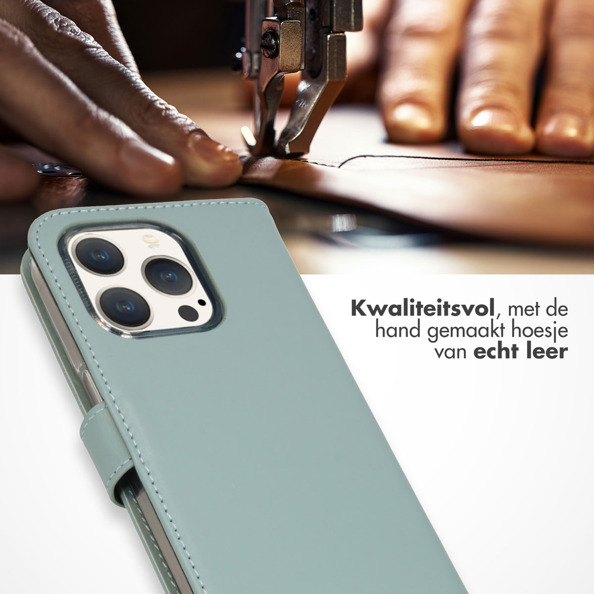 Blaue Handyhülle mit Nähmaschine und Hand. Hülle aus echtem Leder.