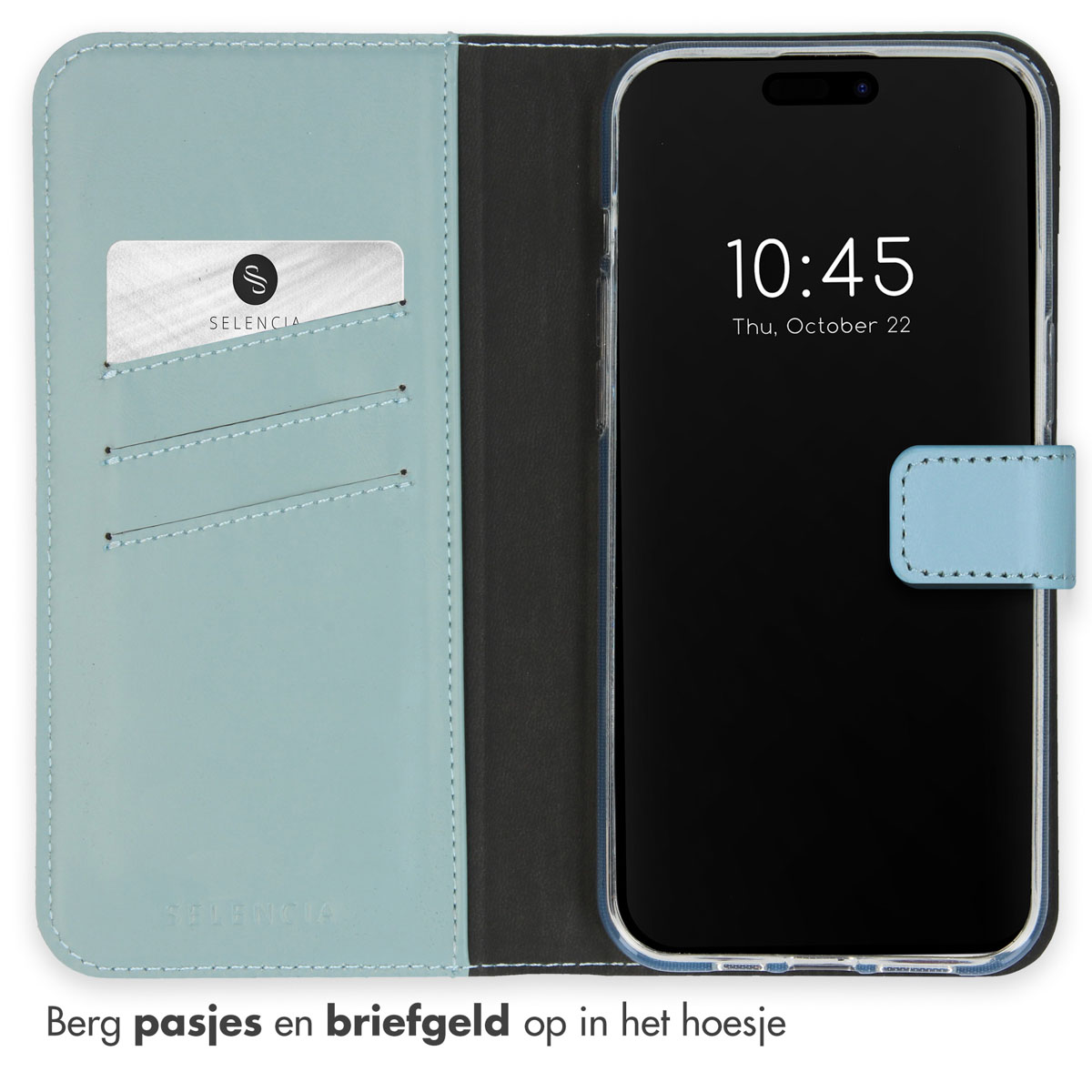 Geöffnete Handyhülle mit Telefon, das die Uhrzeit anzeigt. Eine Karte befindet sich in der linken Tasche.