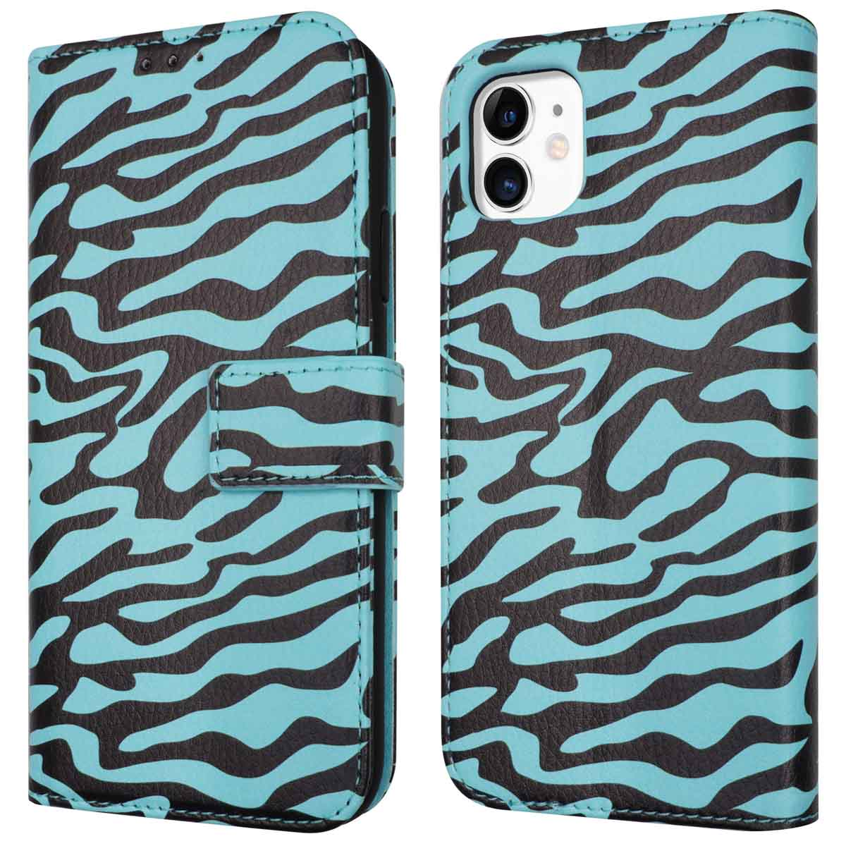 Telefoonhoes open, met een zebrapatroon. Zwart-blauwe golvende lijnen.
