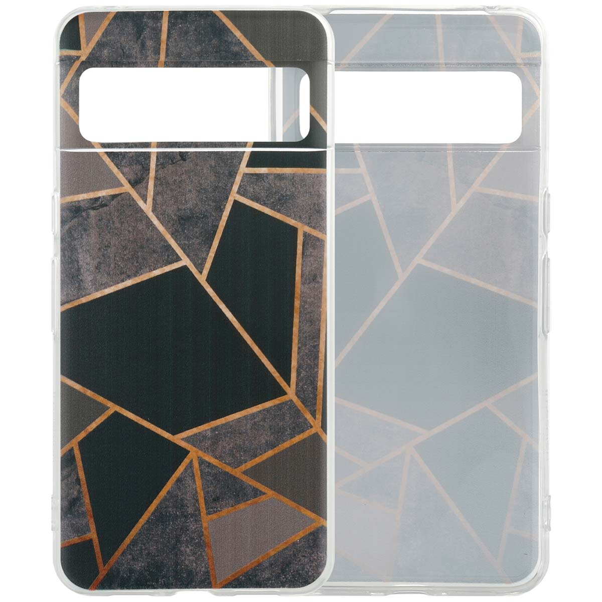 Telefoonhoesje met een geometrisch ontwerp. De hoes heeft een doorzichtige zijkant en een bedrukte achterkant.