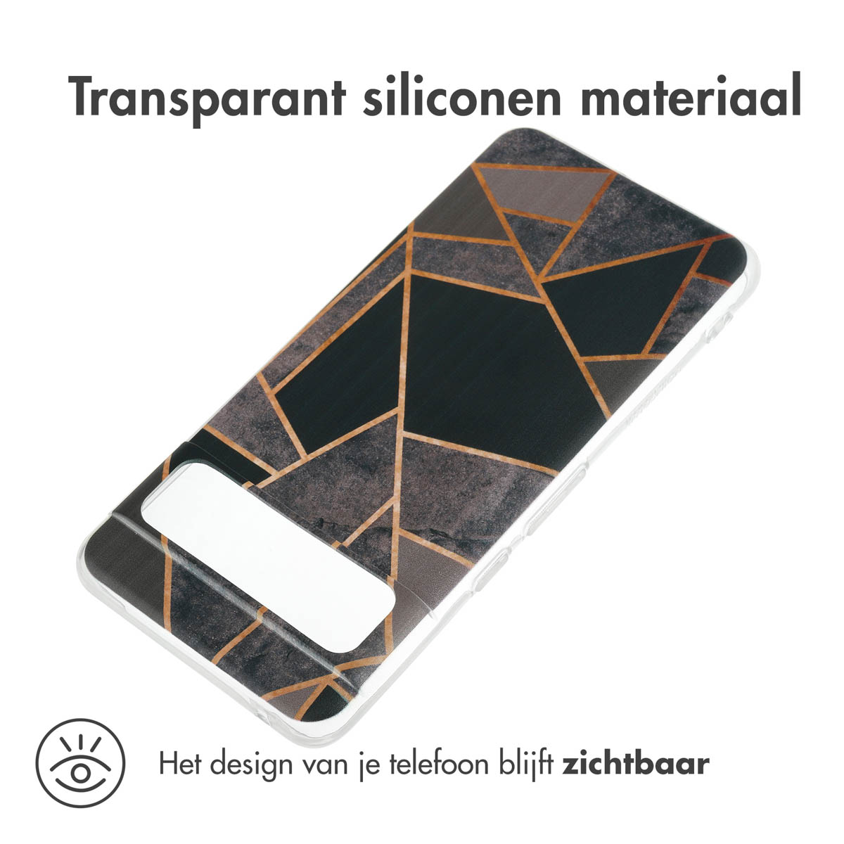 Transparant telefoonhoesje met een geometrisch patroon van zwarte, grijze en gouden vormen.