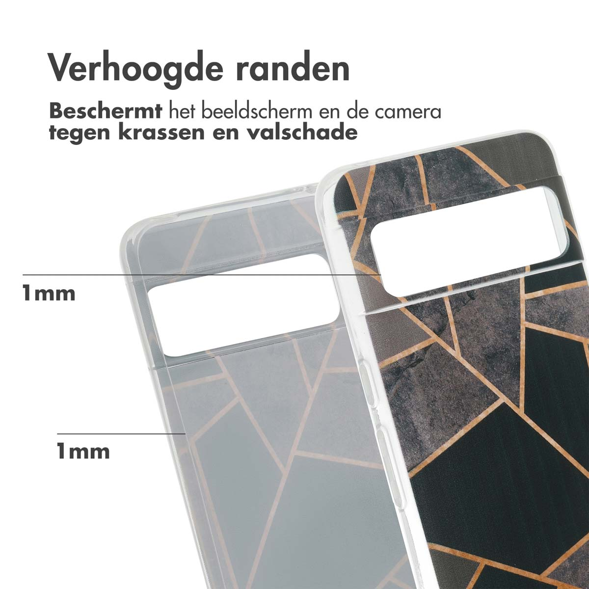 Transparante telefoonhoes. Verhoogde randen. Tekst: Verhoogde randen, beschermt scherm en camera tegen krassen.