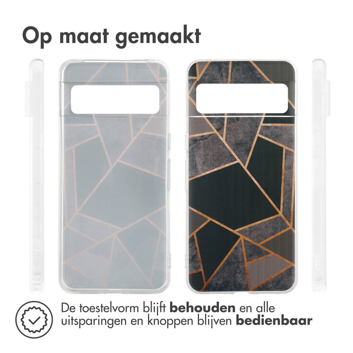Twee telefoonhoesjes, transparant en geometrisch ontwerp, zijaanzicht.
