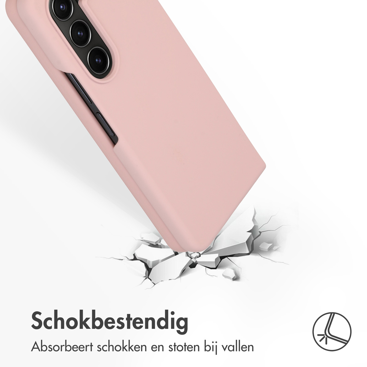Eine rosa Handyhülle, die auf eine Oberfläche auftrifft und einen Riss verursacht, stoßfest.