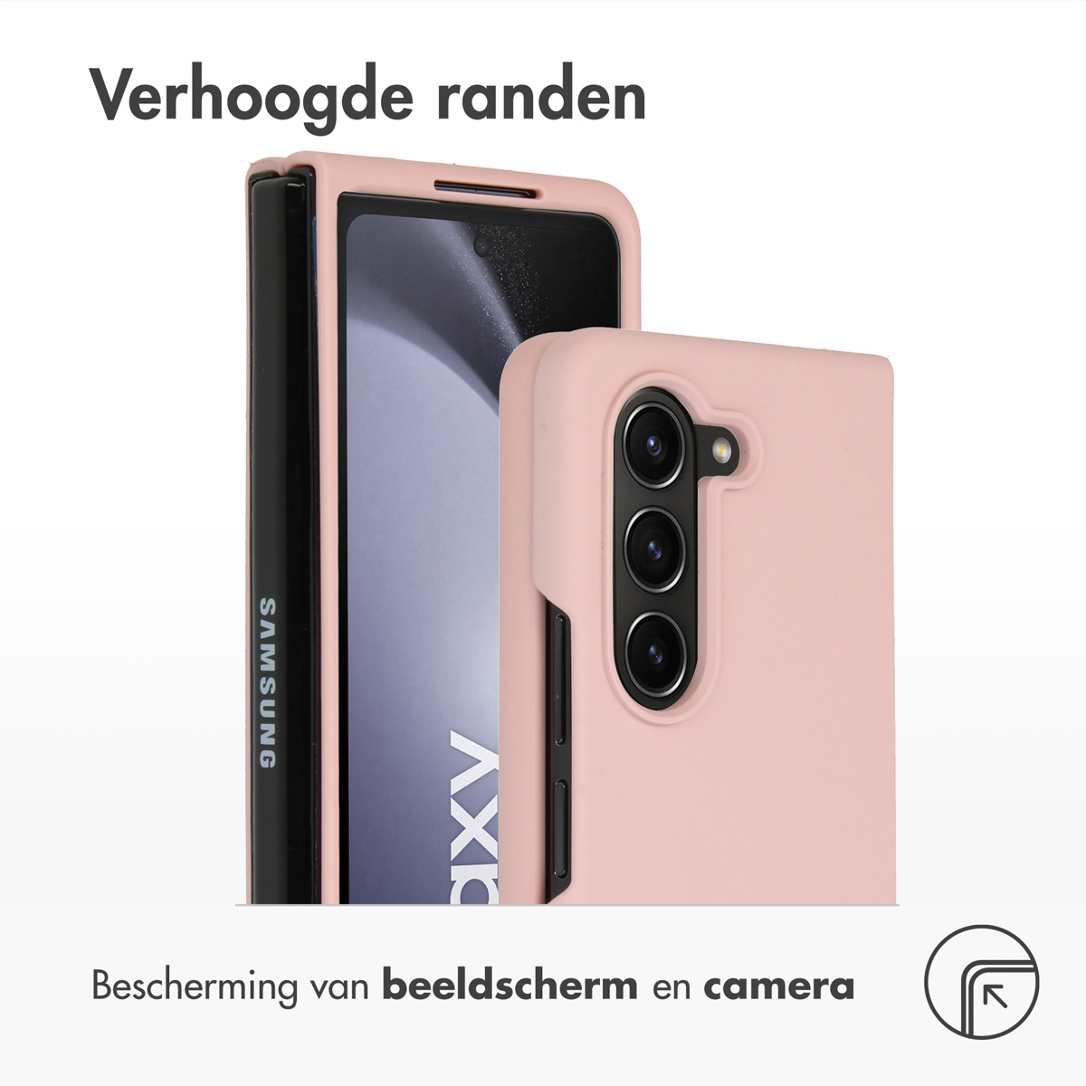 Rosa Handyhülle, neben einem schwarzen Telefon stehend. Handyhüllen schützen Bildschirm und Kamera.