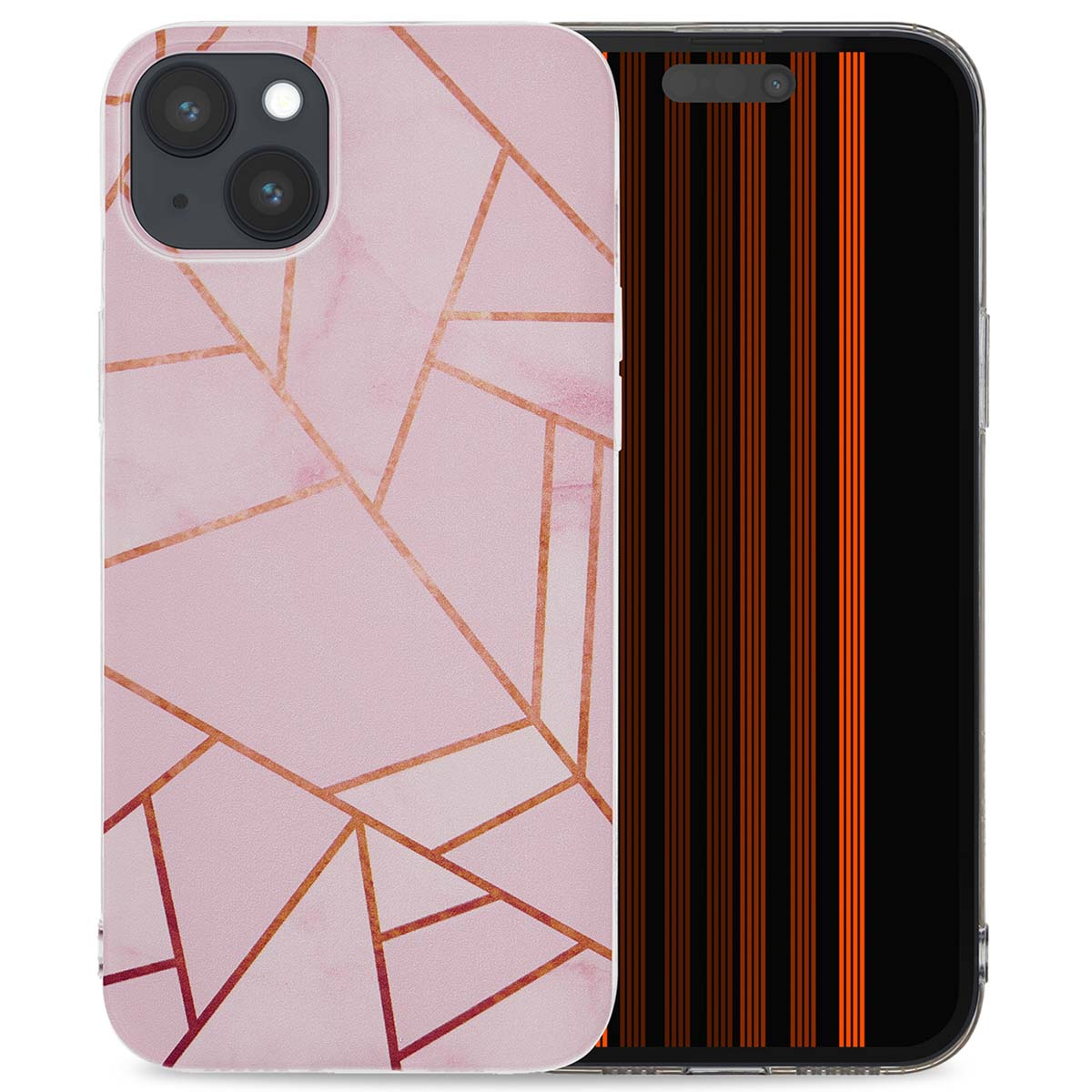 Coque de téléphone rose, design géométrique. Téléphone à l'intérieur, montrant la caméra et l'écran.