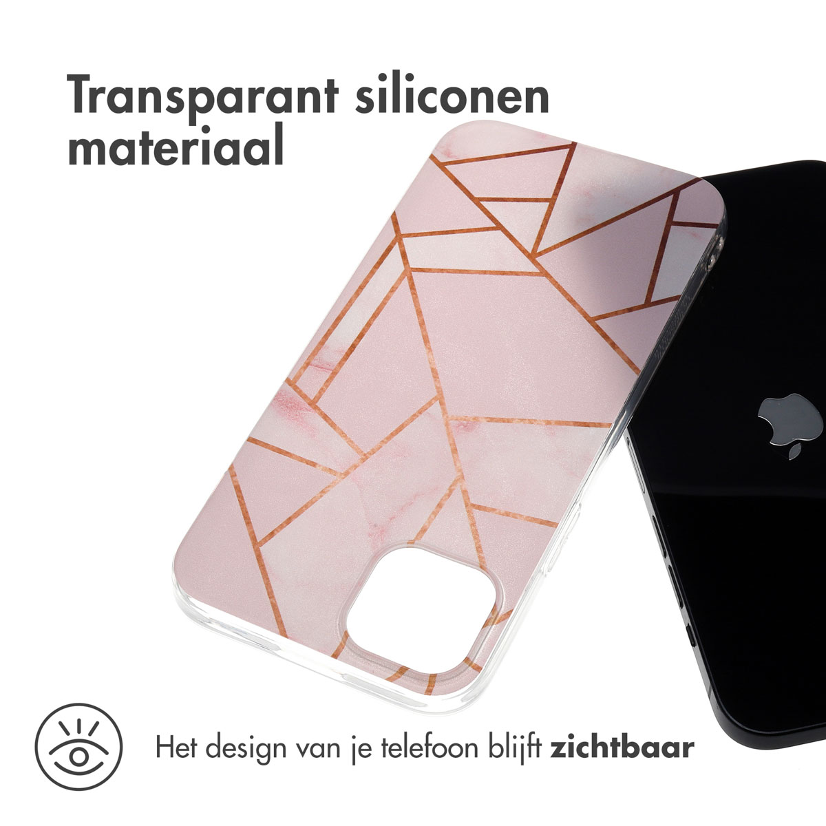 Un téléphone avec une coque rose et un design géométrique.