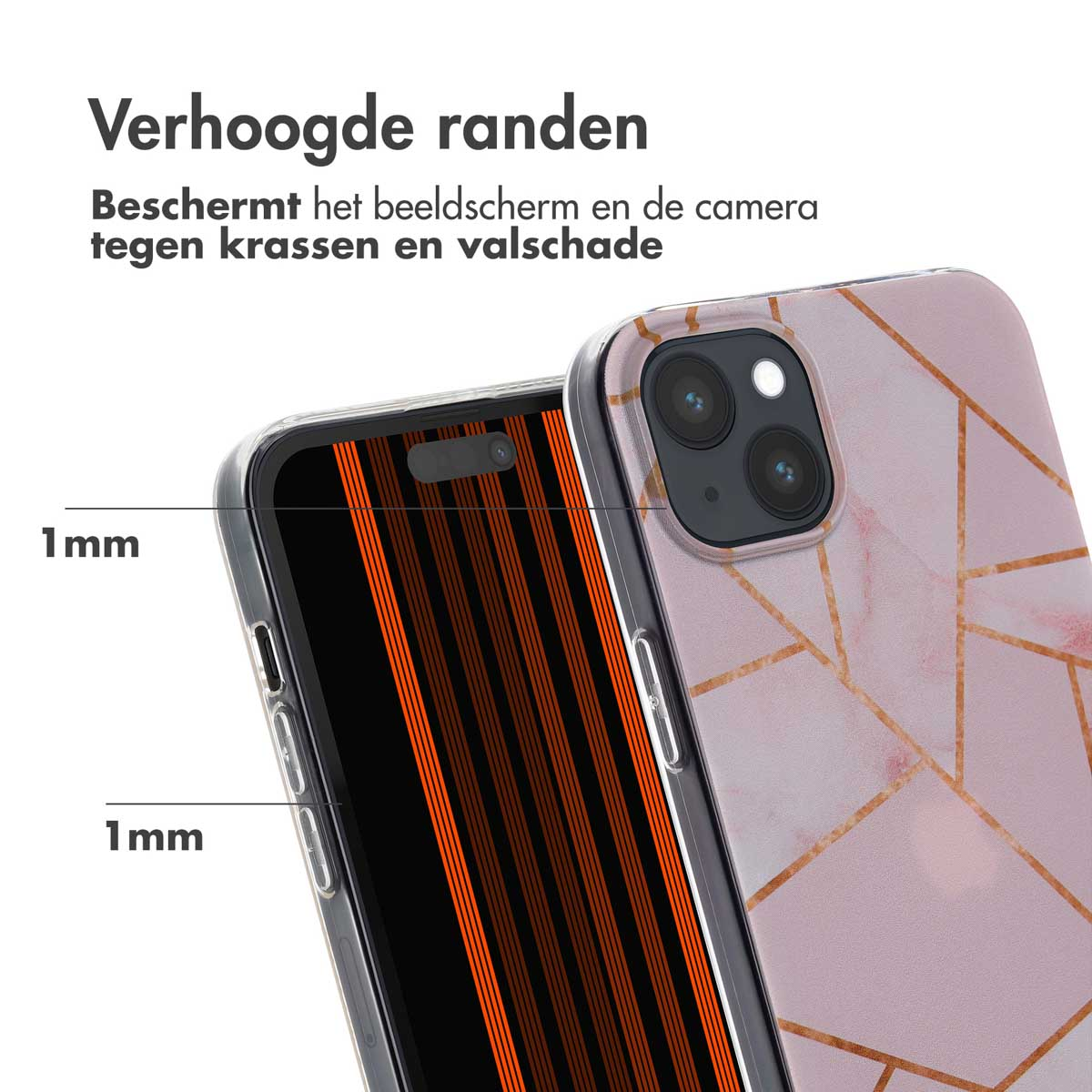Coque de téléphone avec bords surélevés. La coque est rose avec des lignes dorées. Téléphone à gauche.