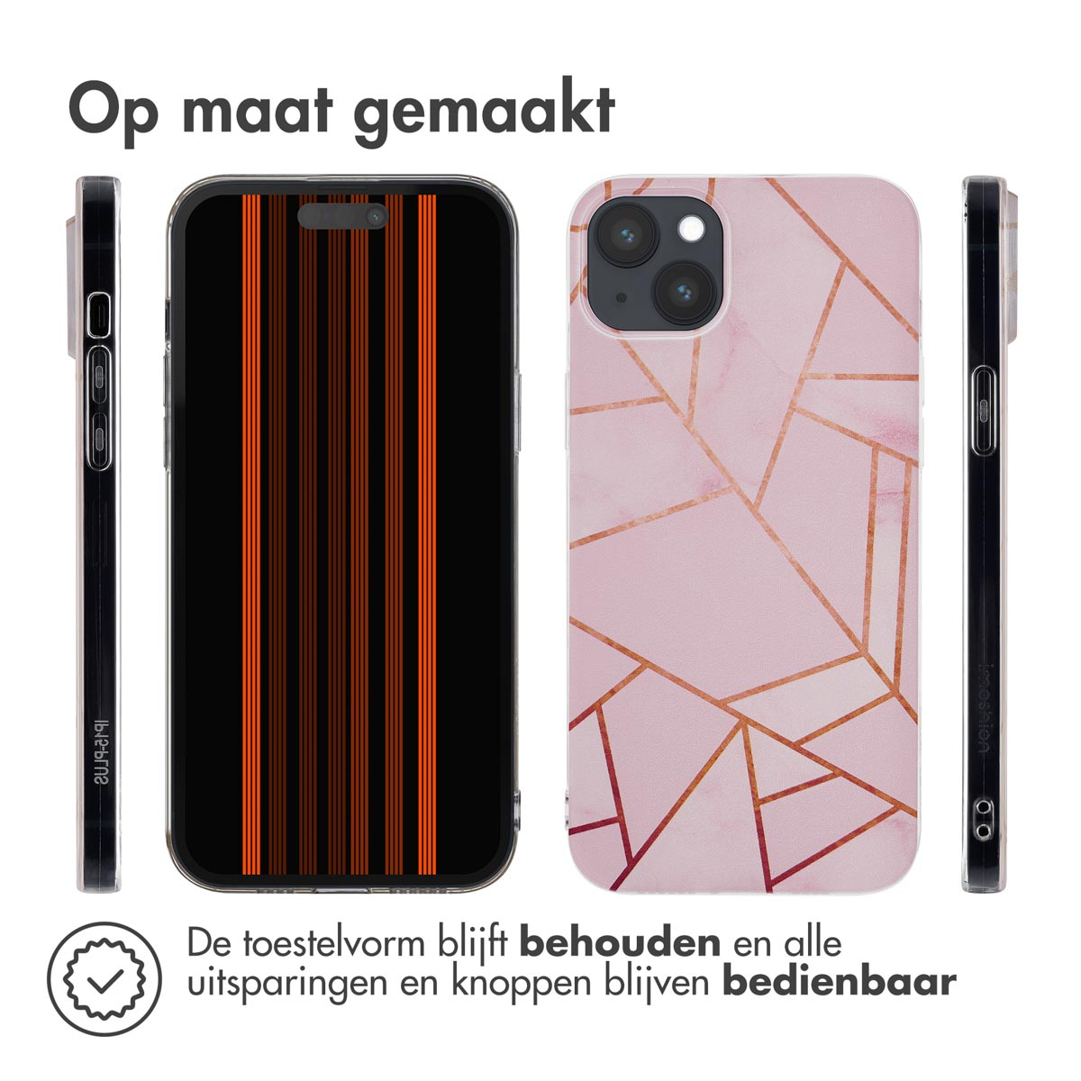 Un étui de téléphone avec trois vues. L'étui a un motif géométrique rose et orange.