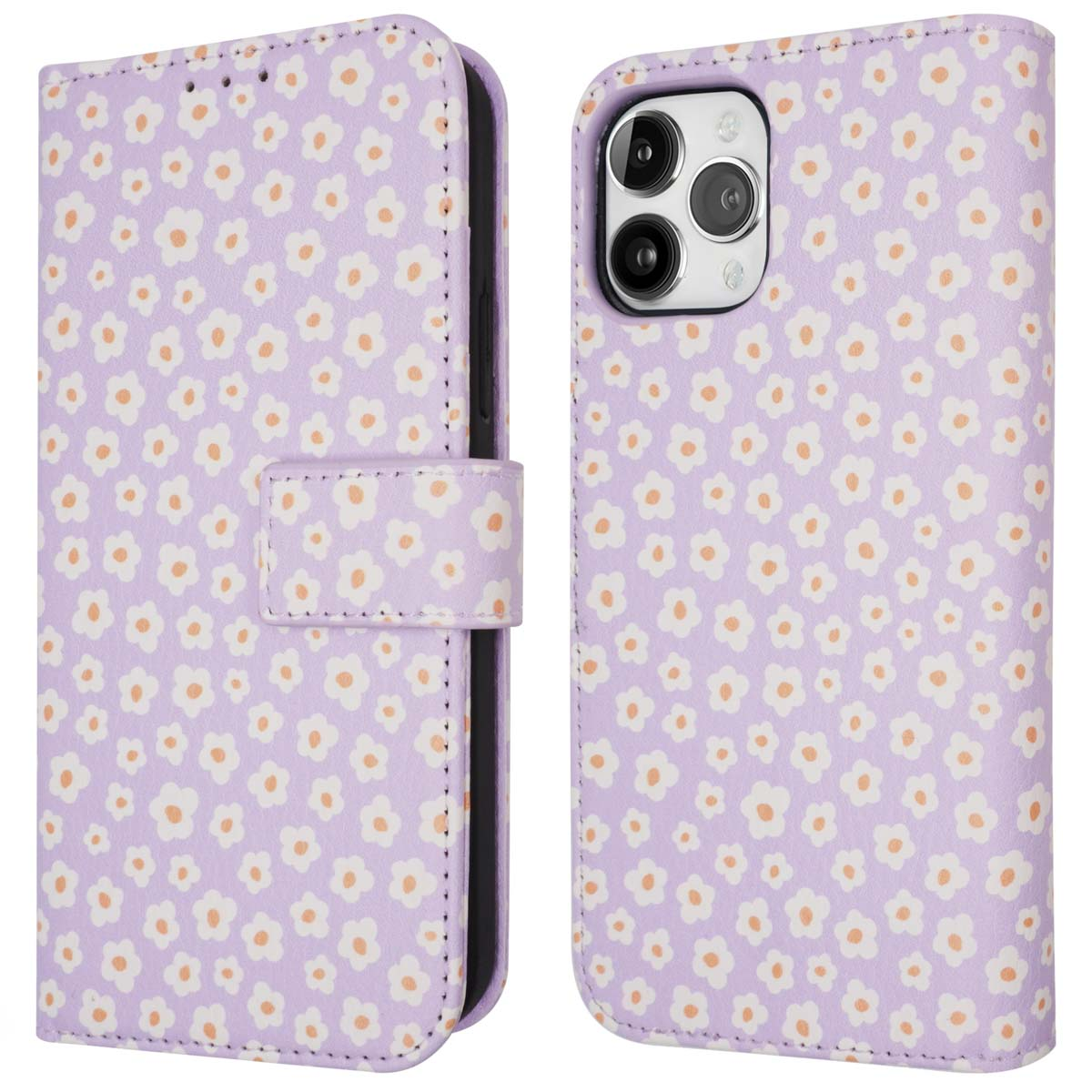 Paars telefoonhoesje met witte bloemen. Geopend om de telefoon en een magnetische sluiting te tonen.
