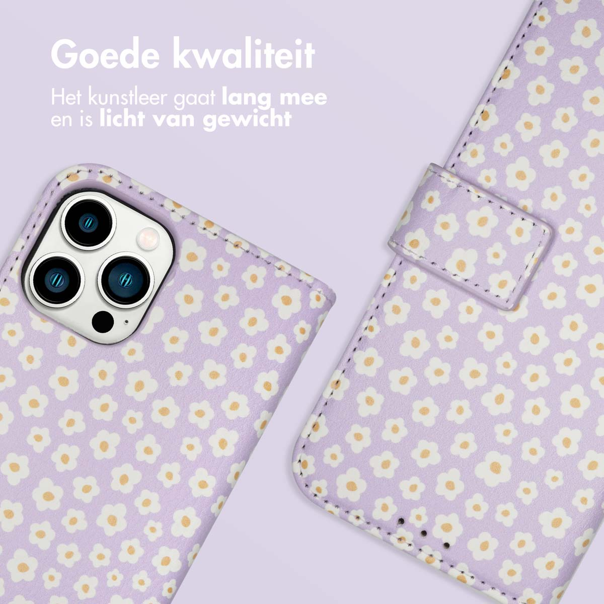 Telefoonhoesje met een paarse achtergrond en witte bloemen.