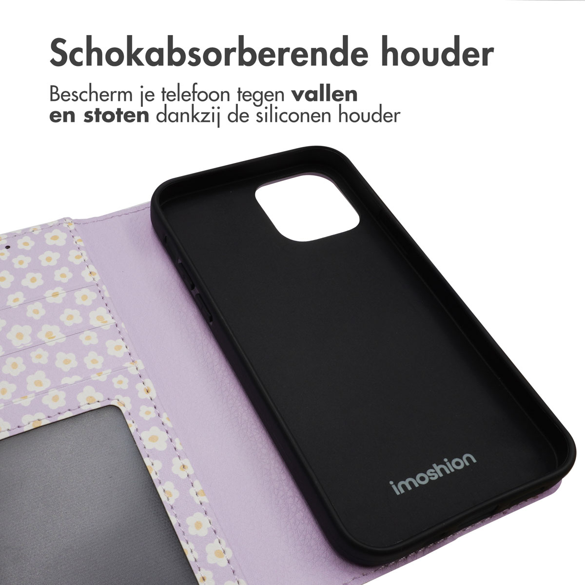 Zwarte telefoonhoes met een telefoon erin, met bloemenprint op de achterkant en paars interieur.