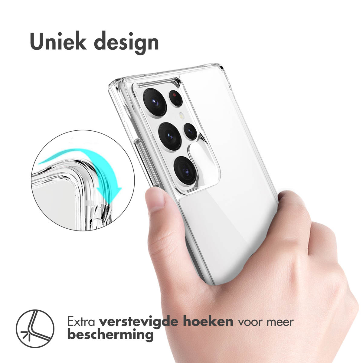 Clear phone case held in a hand. The case has reinforced corners.