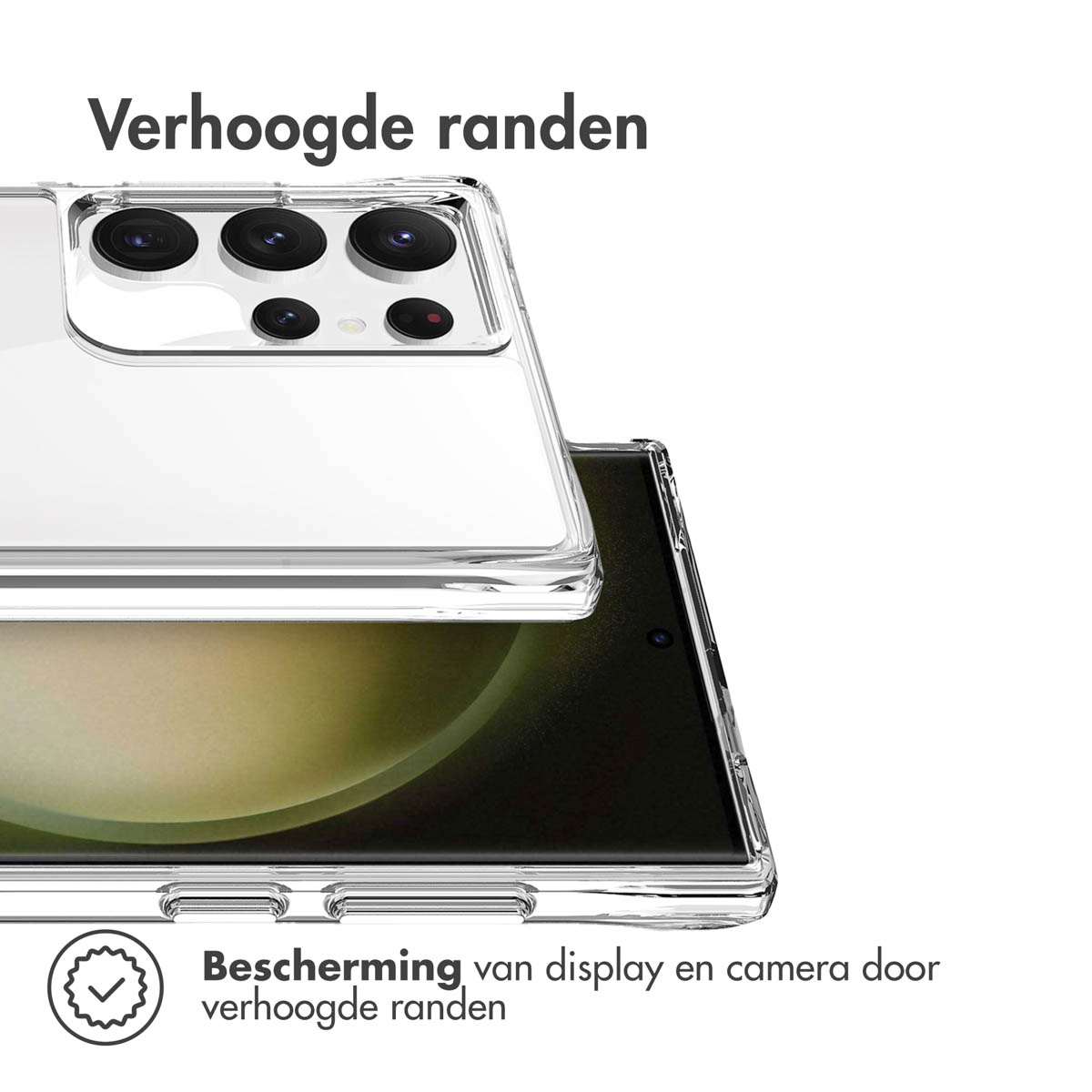Clear phone case on a phone. The phone has a green background and black camera.